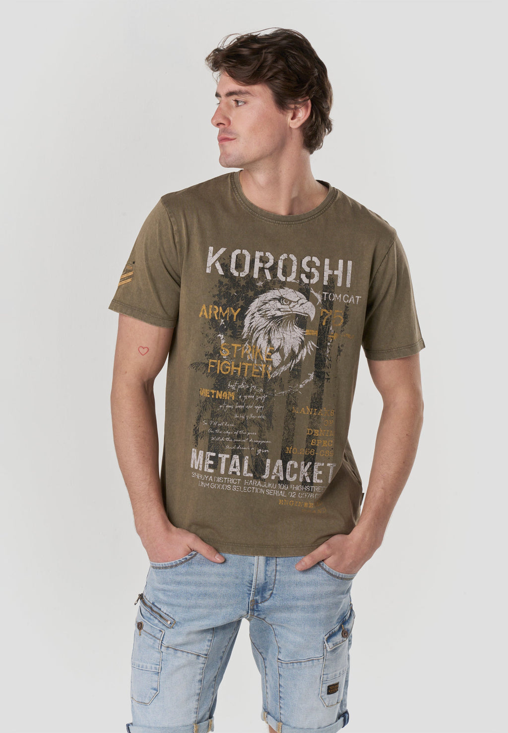 Camiseta Hombre Manga Corta Lavada Print Águila Army Kaki – Koroshi