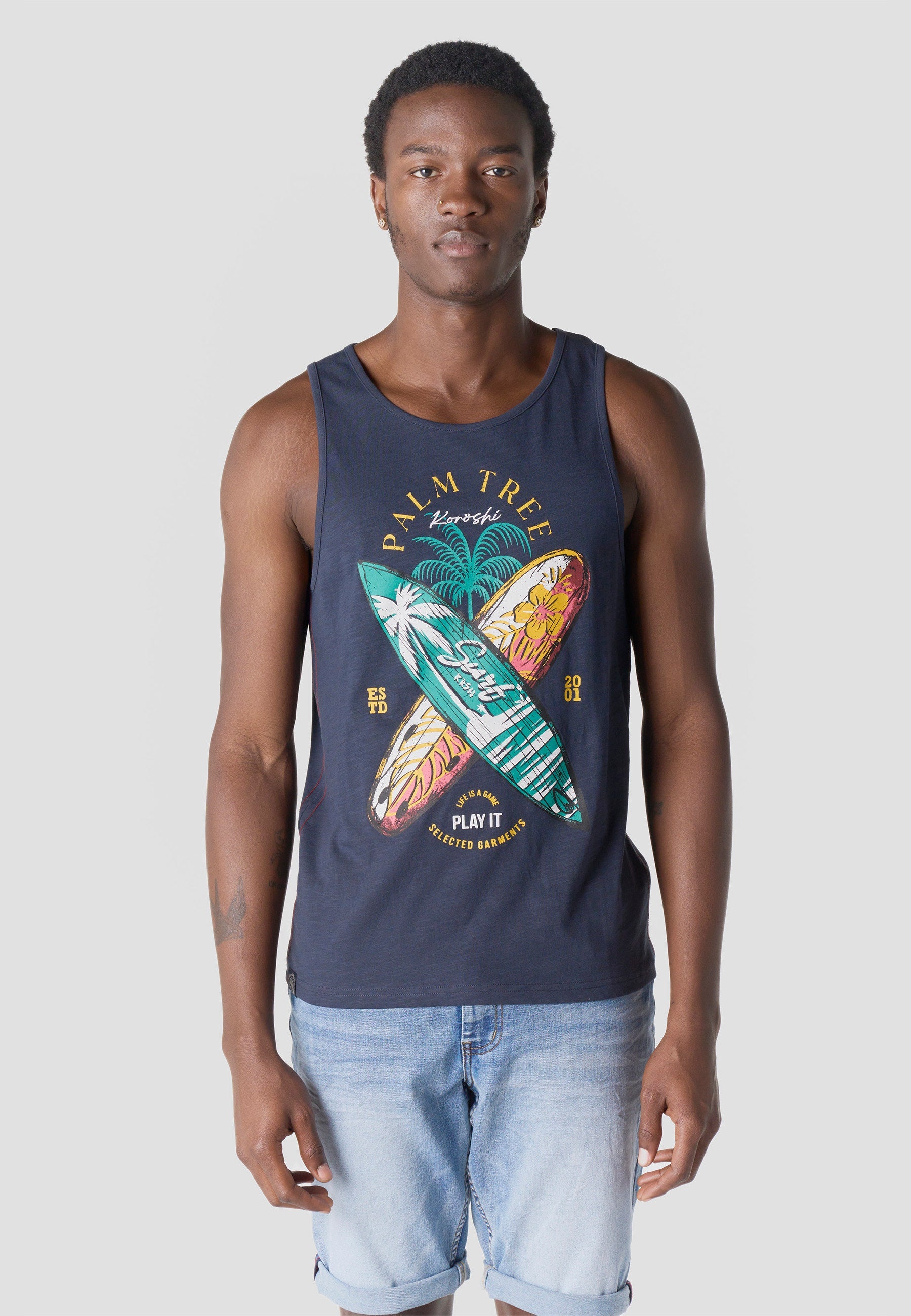 Camiseta Tirantes Hombre Estampado Surf – Koroshi Navy