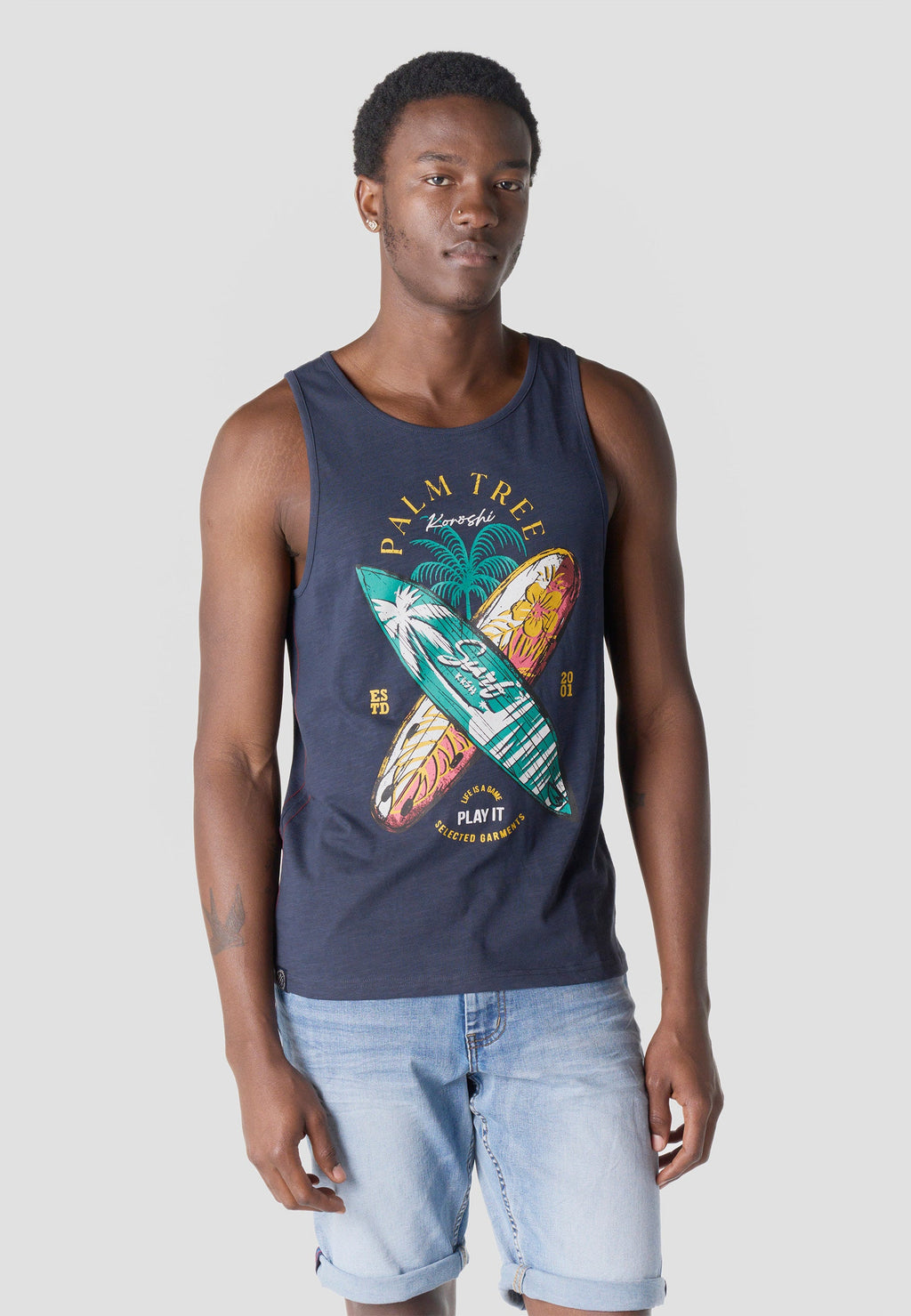 Camiseta Tirantes Hombre Estampado Surf – Koroshi Navy