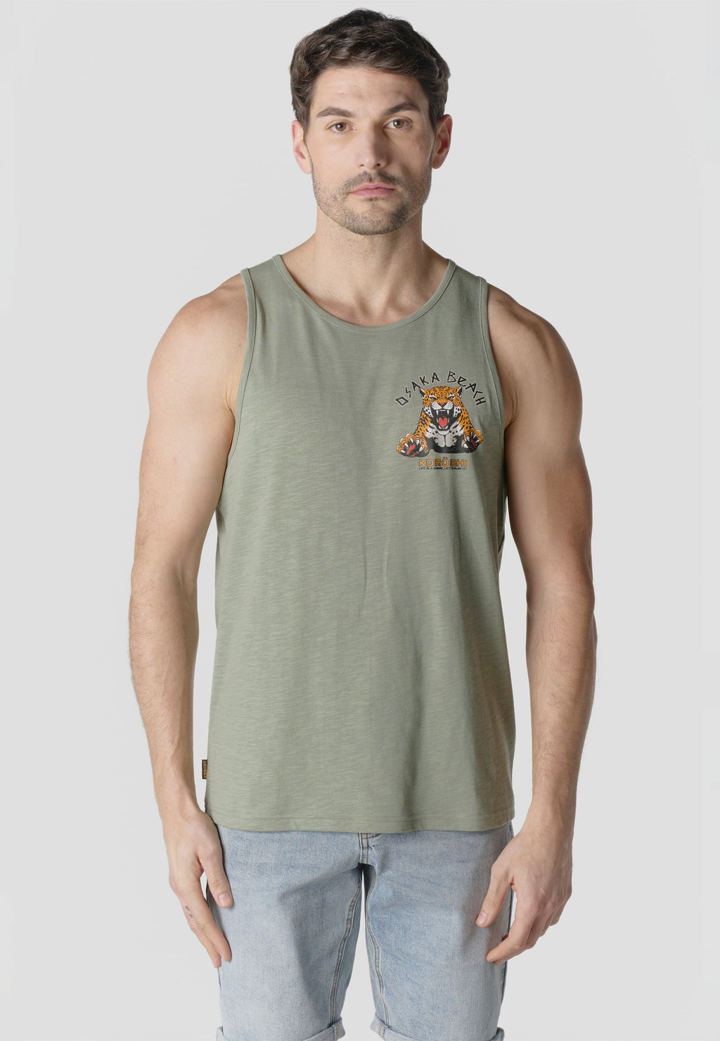 Camiseta Sin Mangas Estampado Tigre Osaka Kaki Hombre | KOROSHI