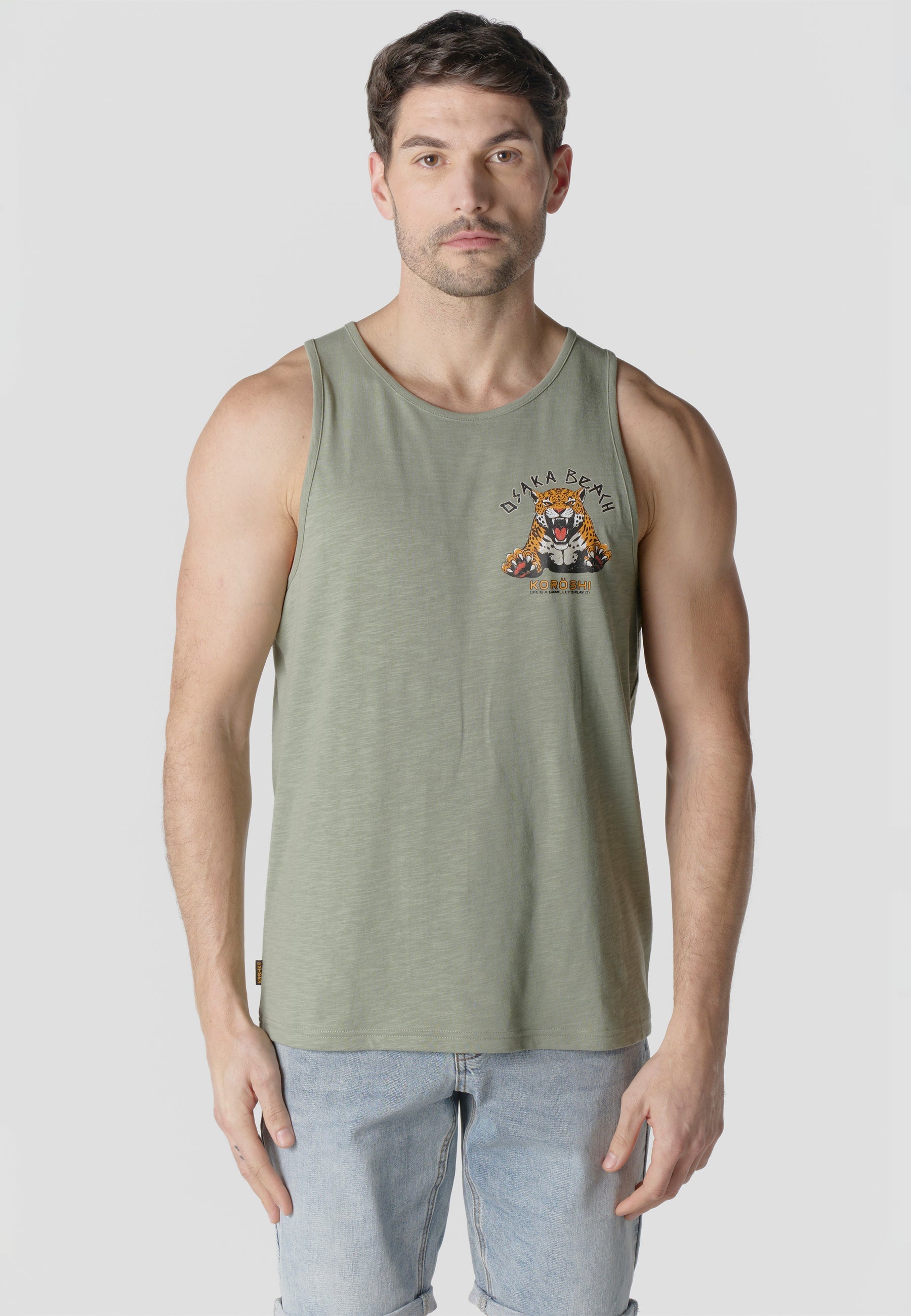 Camiseta Sin Mangas Estampado Tigre Osaka Kaki Hombre | KOROSHI