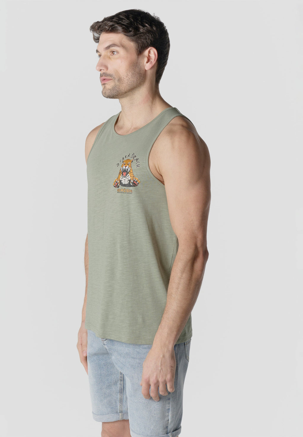 Camiseta Sin Mangas Estampado Tigre Osaka Kaki Hombre | KOROSHI