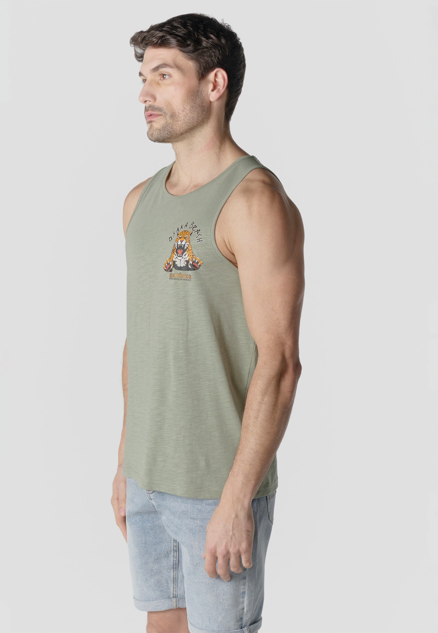 Camiseta Sin Mangas Estampado Tigre Osaka Kaki Hombre | KOROSHI