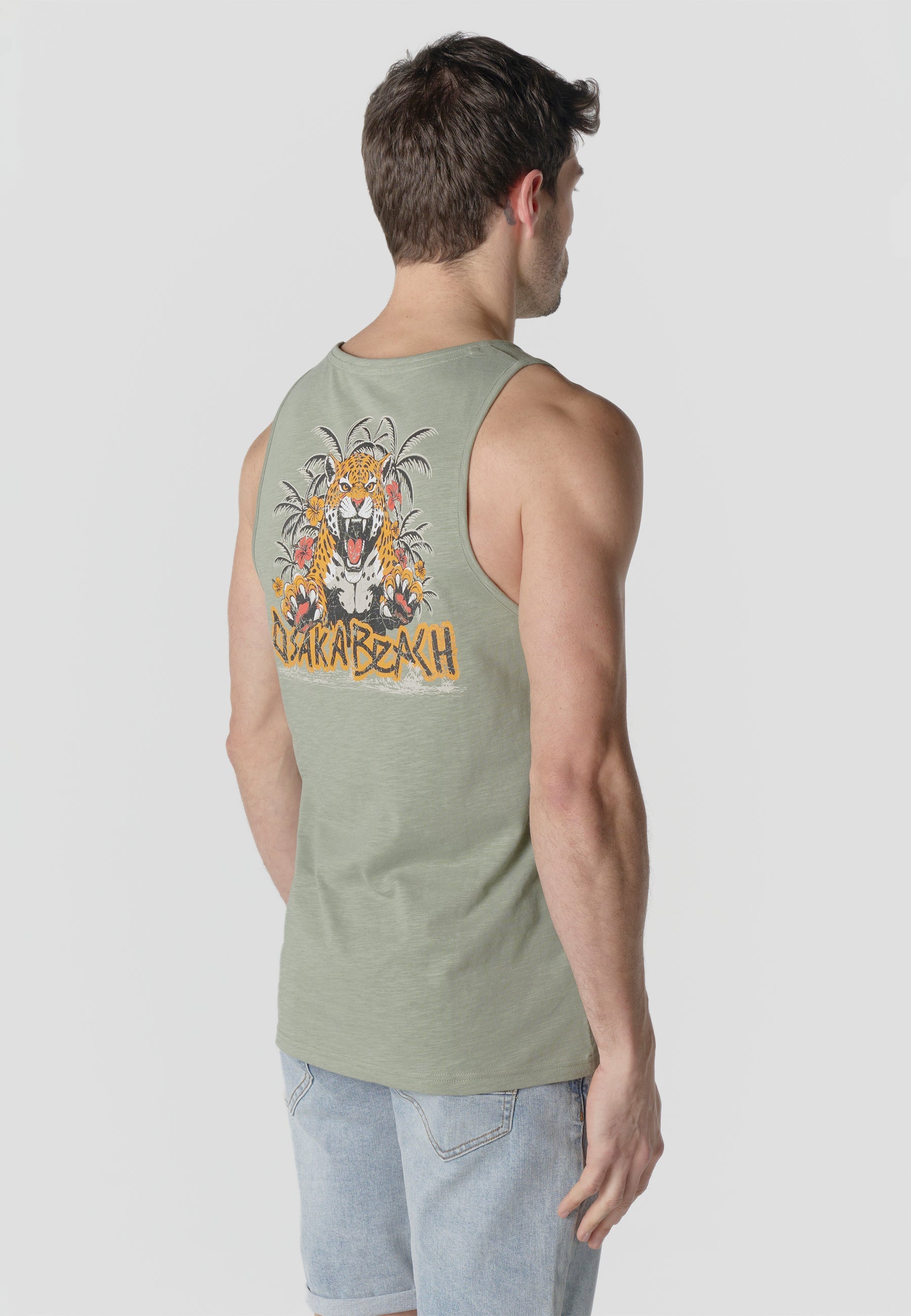 Camiseta Sin Mangas Estampado Tigre Osaka Kaki Hombre | KOROSHI
