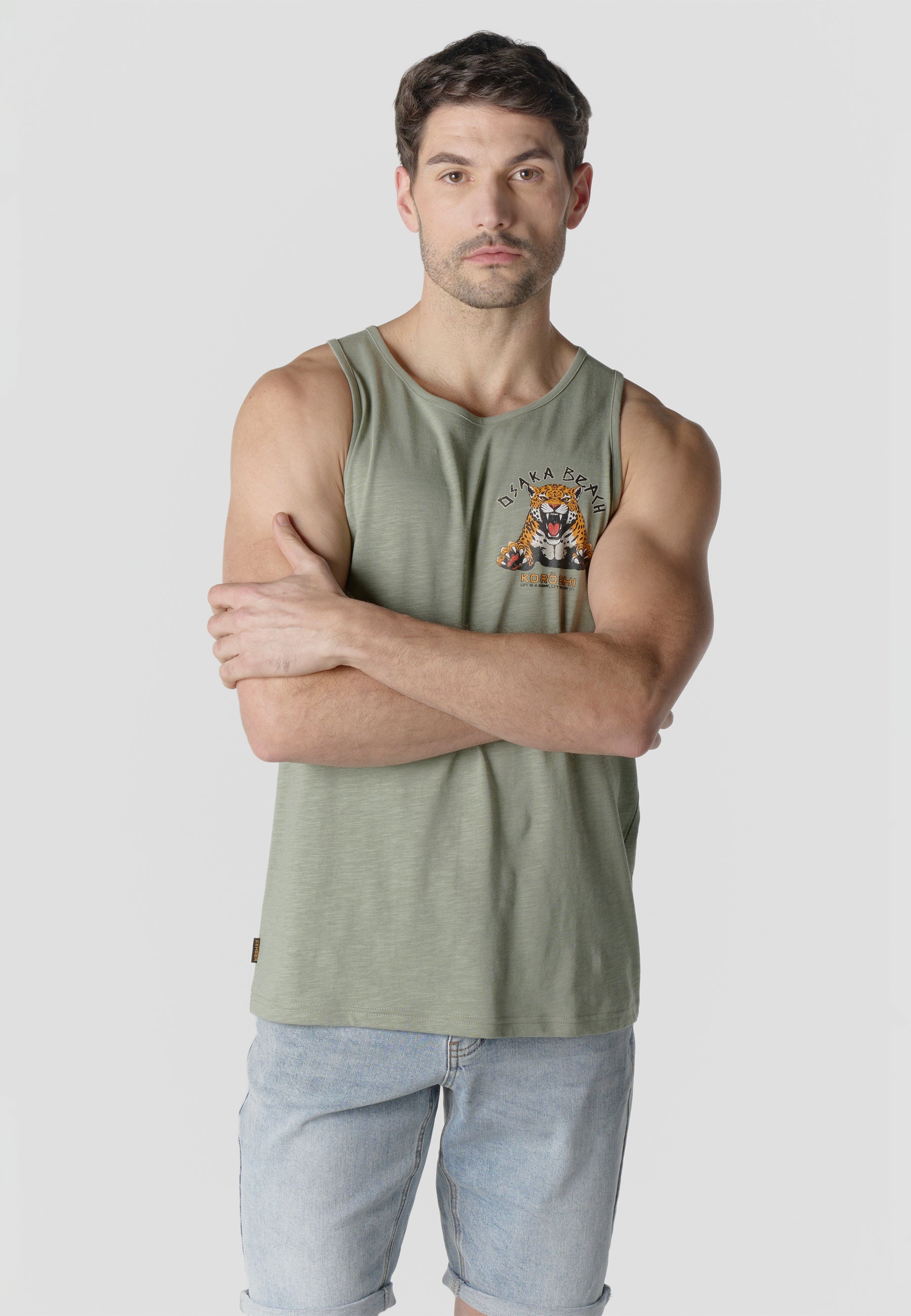 Camiseta Sin Mangas Estampado Tigre Osaka Kaki Hombre | KOROSHI