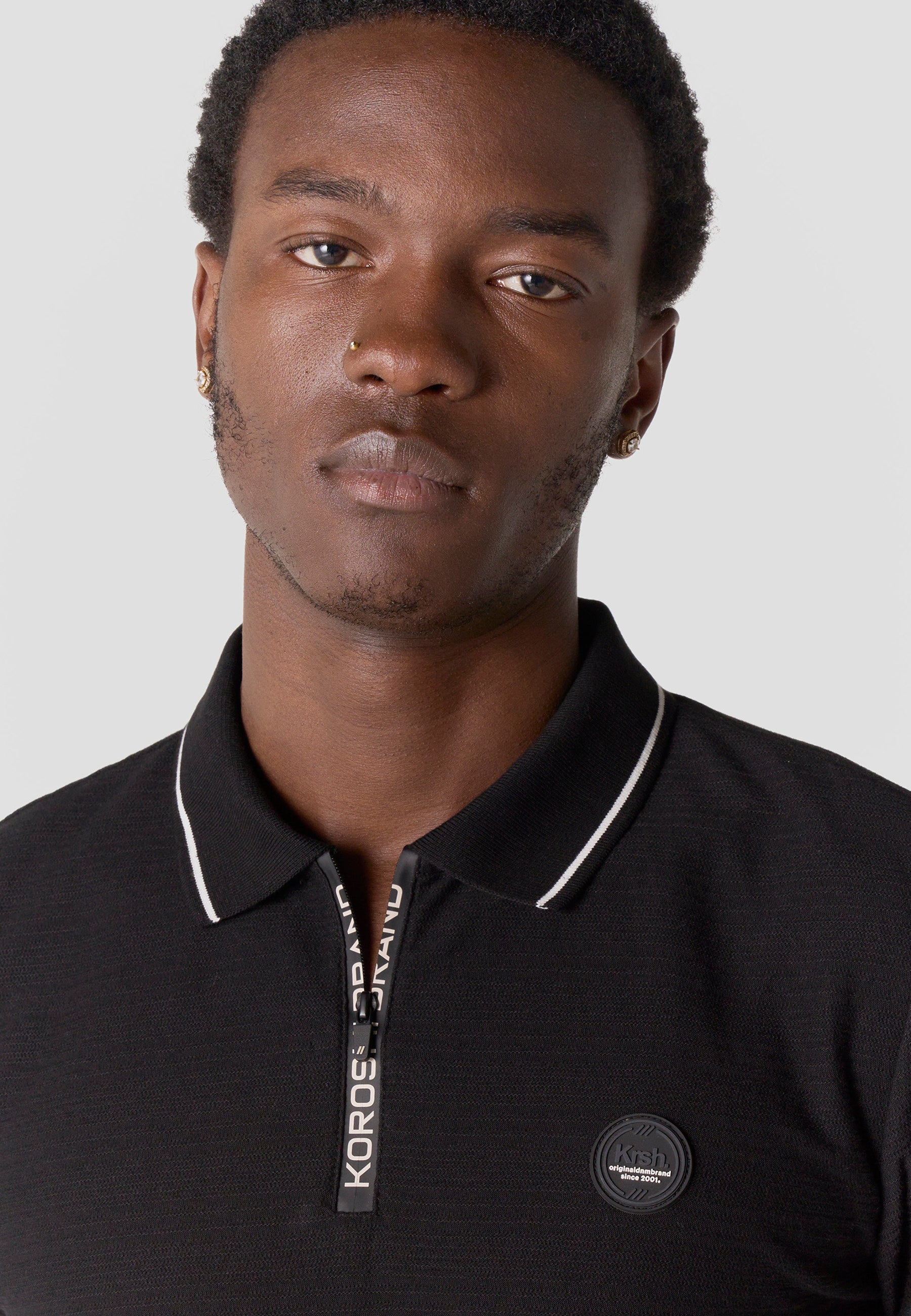 Polo Hombre Manga Corta Cuello Cremallera Texturizado – Koroshi Negro