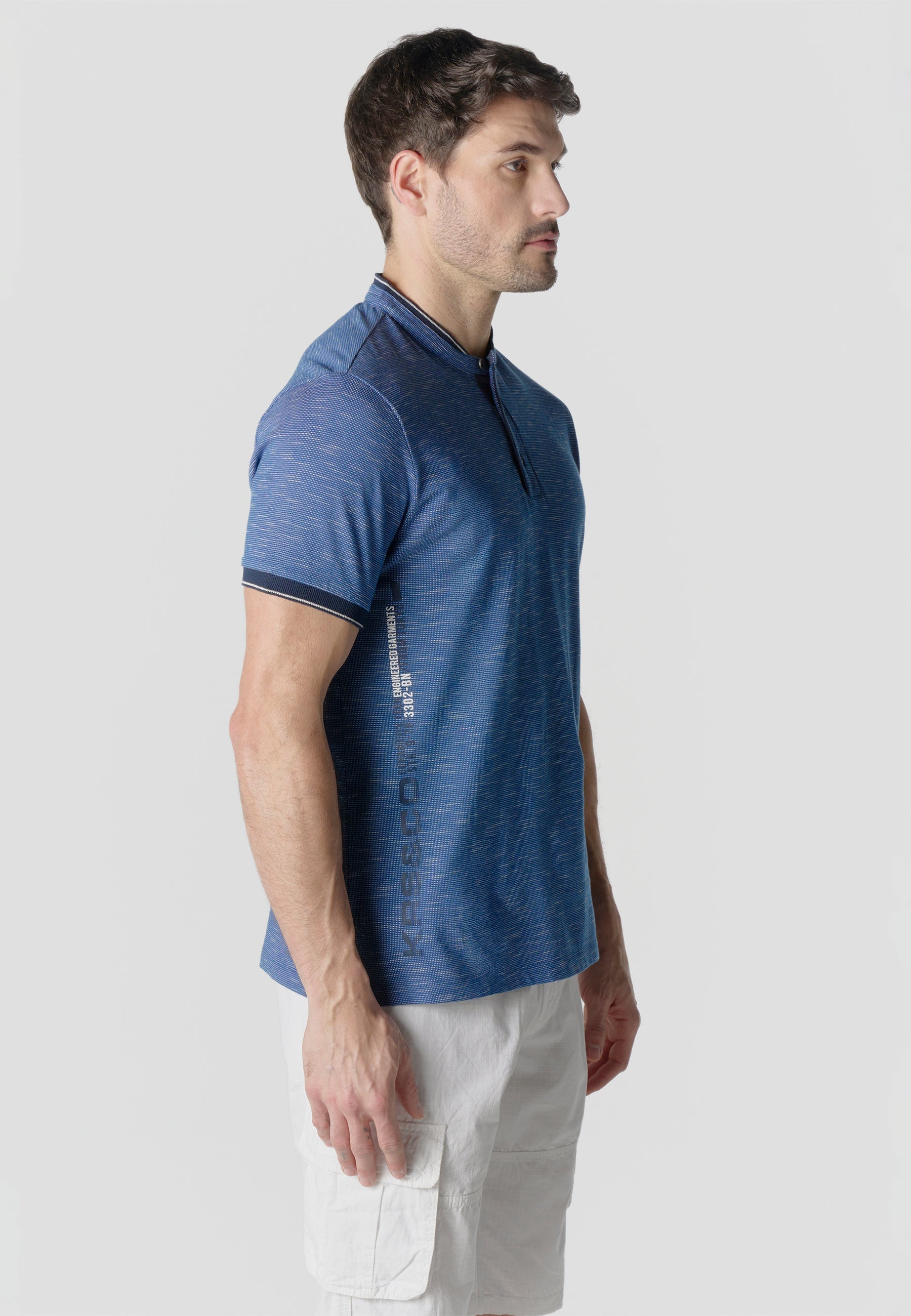 Polo Hombre Manga Corta Cuello Mao Flameado Azul – Koroshi