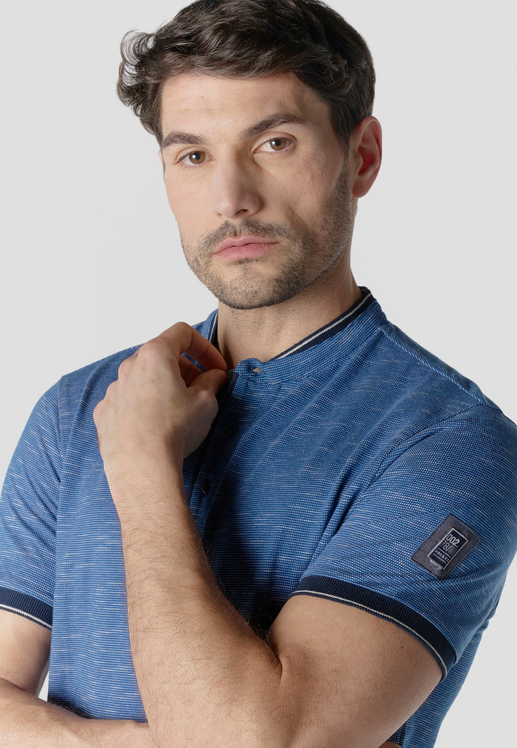 Polo Hombre Manga Corta Cuello Mao Flameado Azul – Koroshi