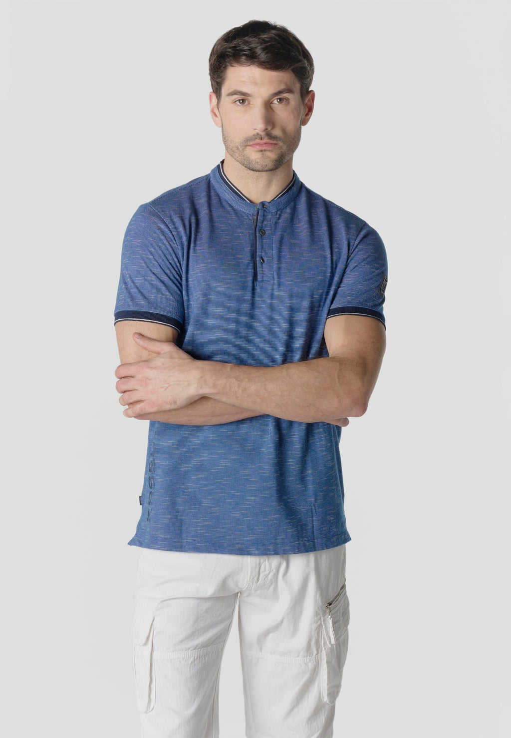 Polo Hombre Manga Corta Cuello Mao Flameado Azul – Koroshi