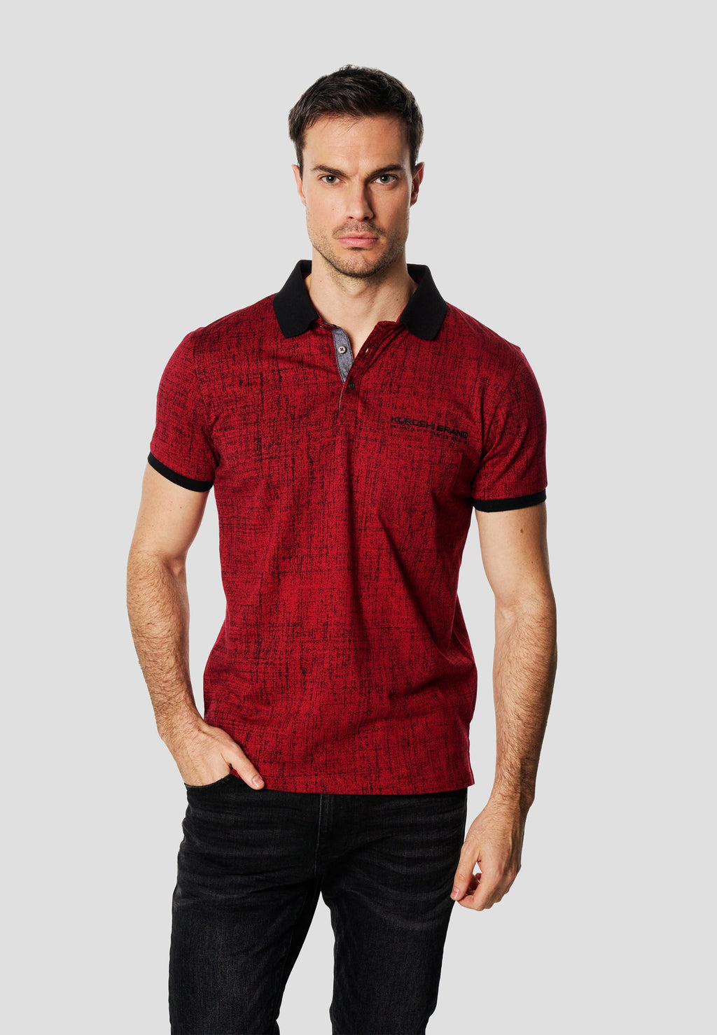 Polo Hombre Manga Corta Estampado All-Over Cuello Contraste – Koroshi Rojo