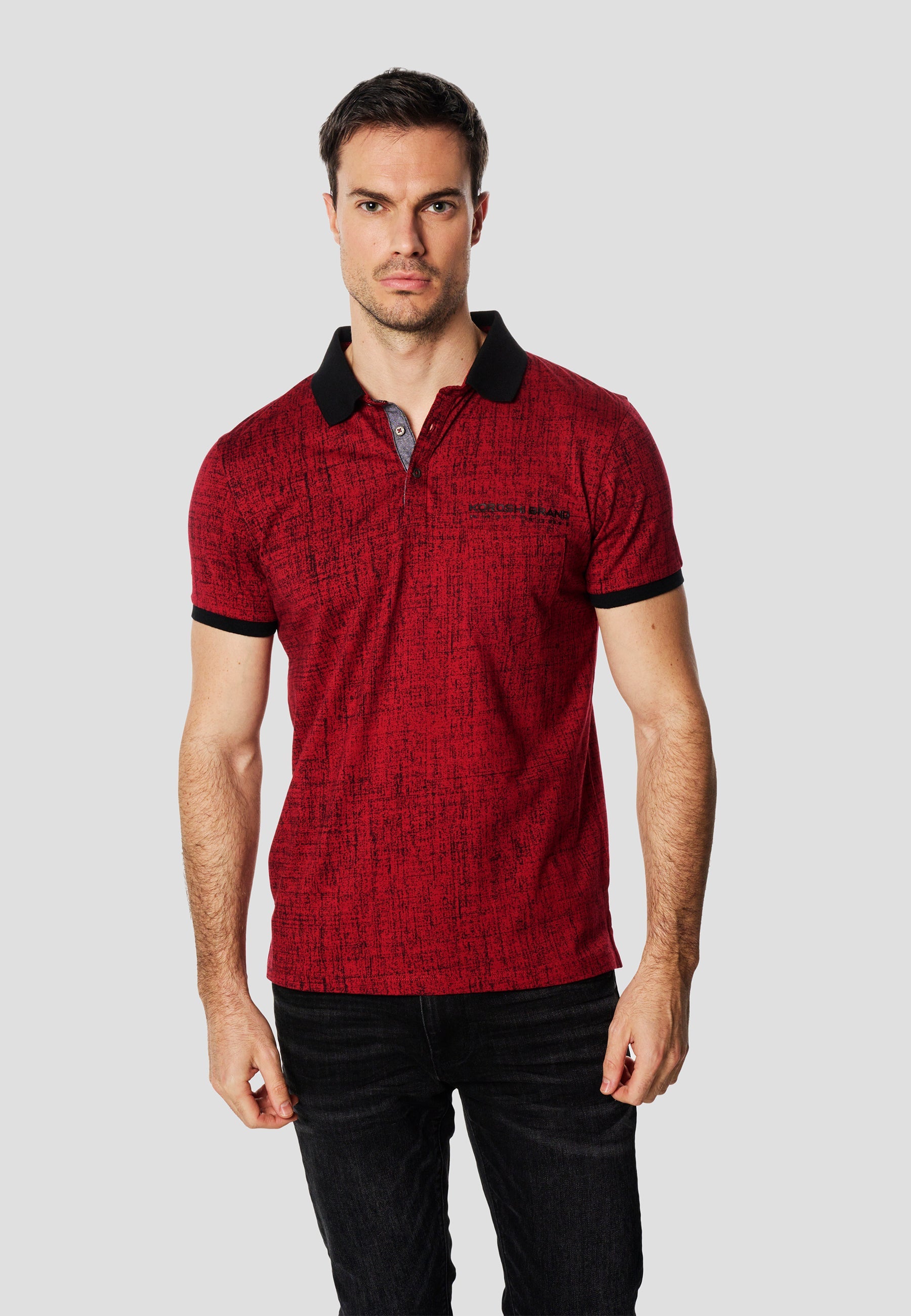 Polo Hombre Manga Corta Estampado All-Over Cuello Contraste – Koroshi Rojo