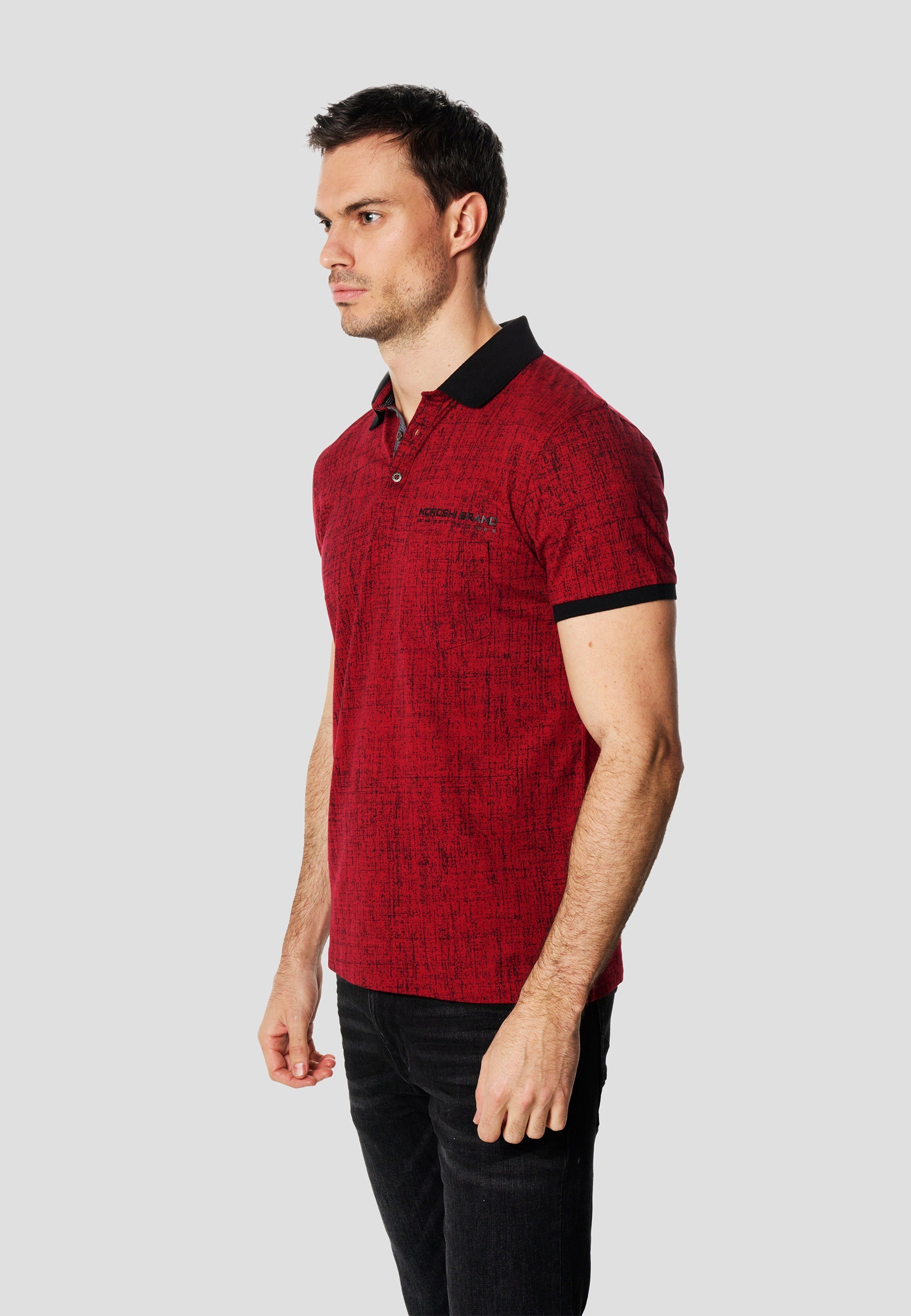 Polo Hombre Manga Corta Estampado All-Over Cuello Contraste – Koroshi Rojo
