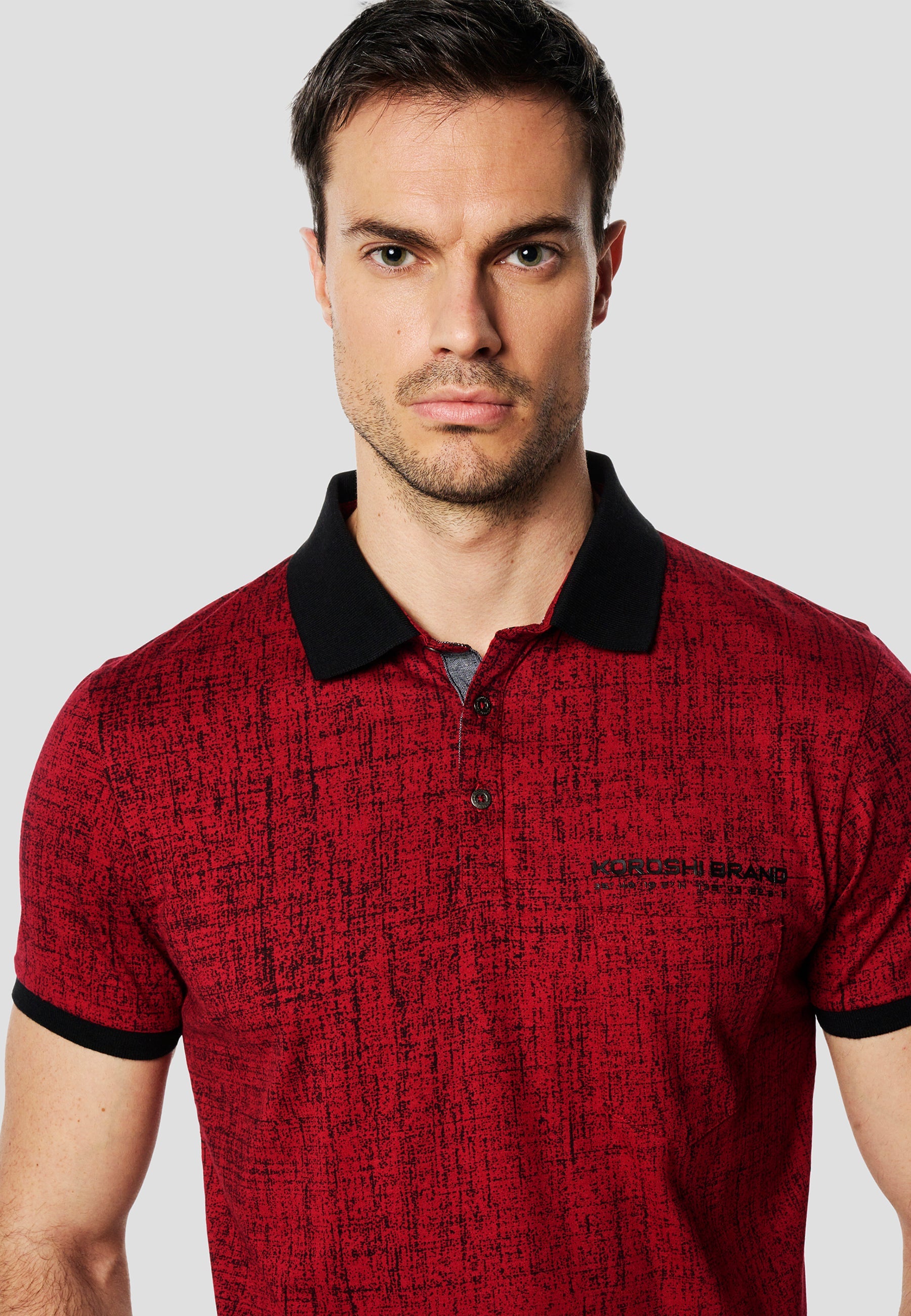 Polo Hombre Manga Corta Estampado All-Over Cuello Contraste – Koroshi Rojo