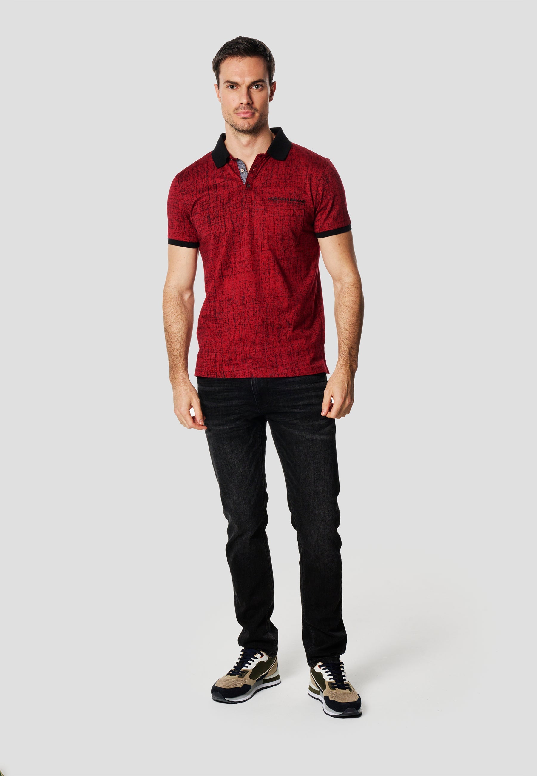 Polo Hombre Manga Corta Estampado All-Over Cuello Contraste – Koroshi Rojo