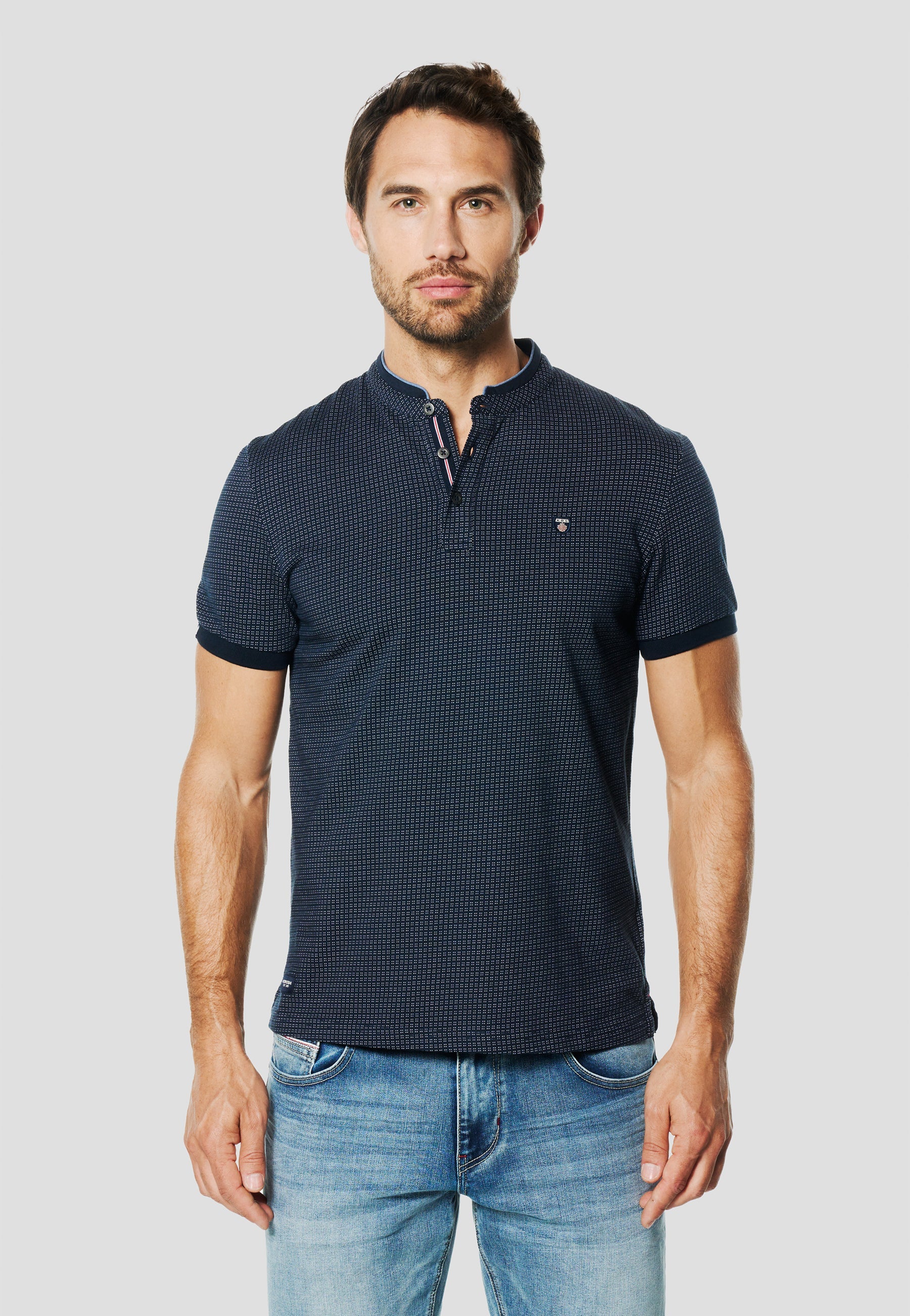 Polo Hombre Manga Corta Cuello Mao Micro Estampado – Koroshi Navy