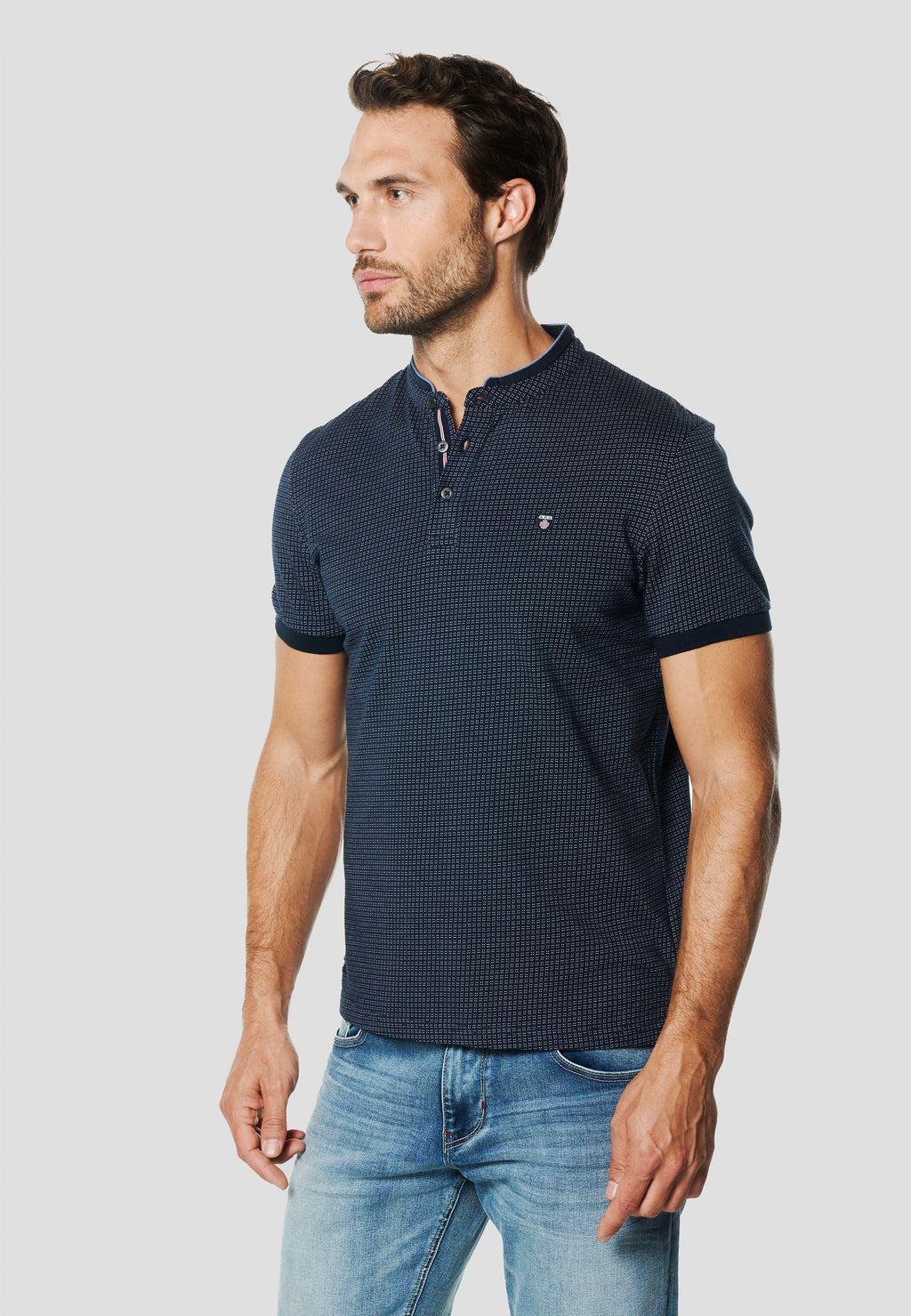 Polo Hombre Manga Corta Cuello Mao Micro Estampado – Koroshi Navy