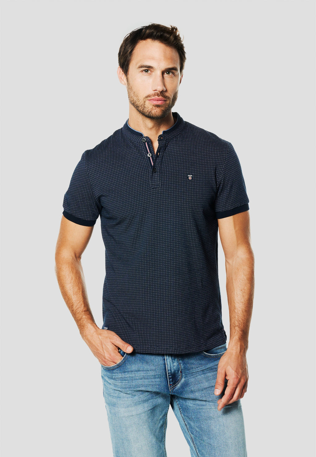 Polo Hombre Manga Corta Cuello Mao Micro Estampado – Koroshi Navy