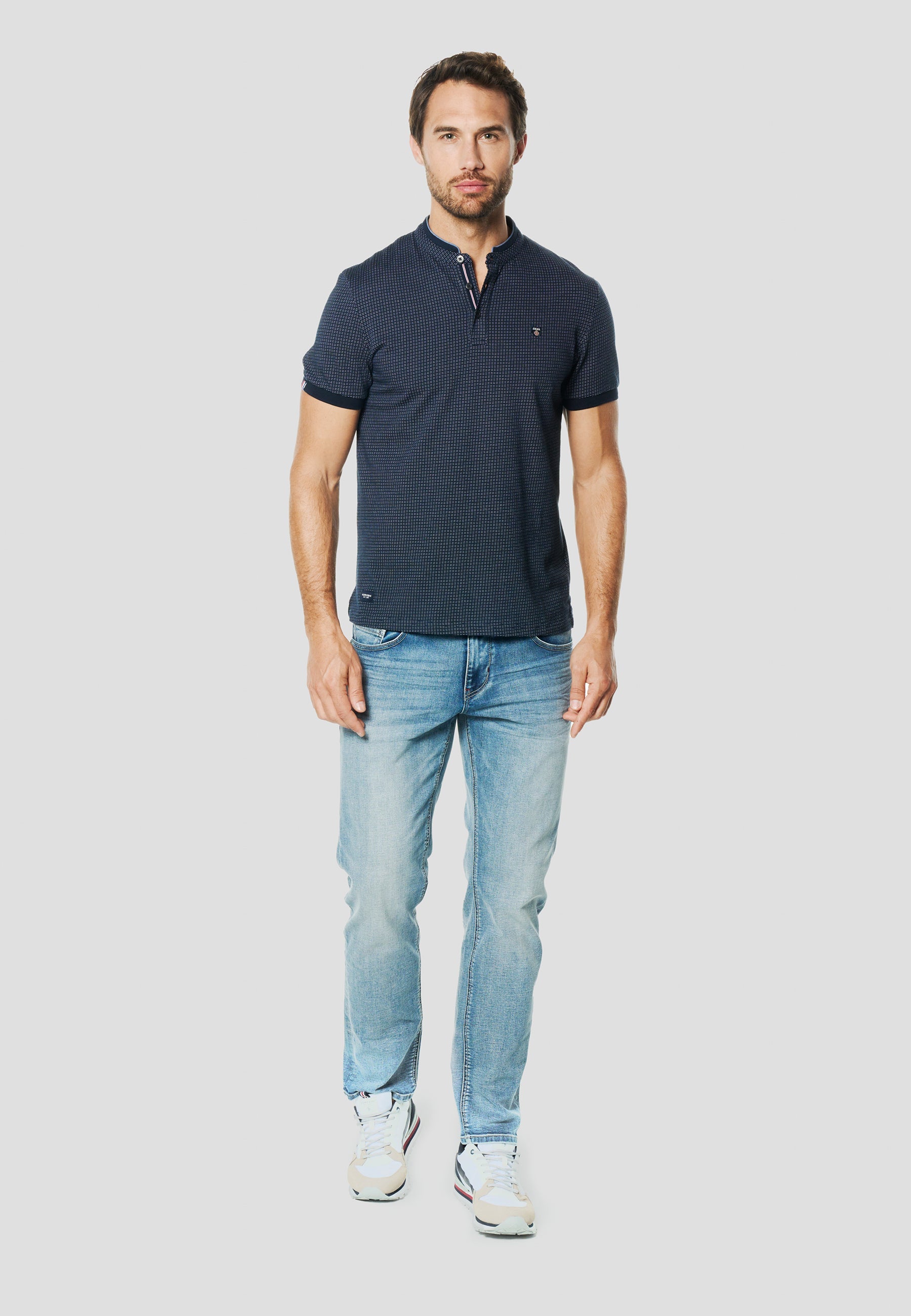 Polo Hombre Manga Corta Cuello Mao Micro Estampado – Koroshi Navy