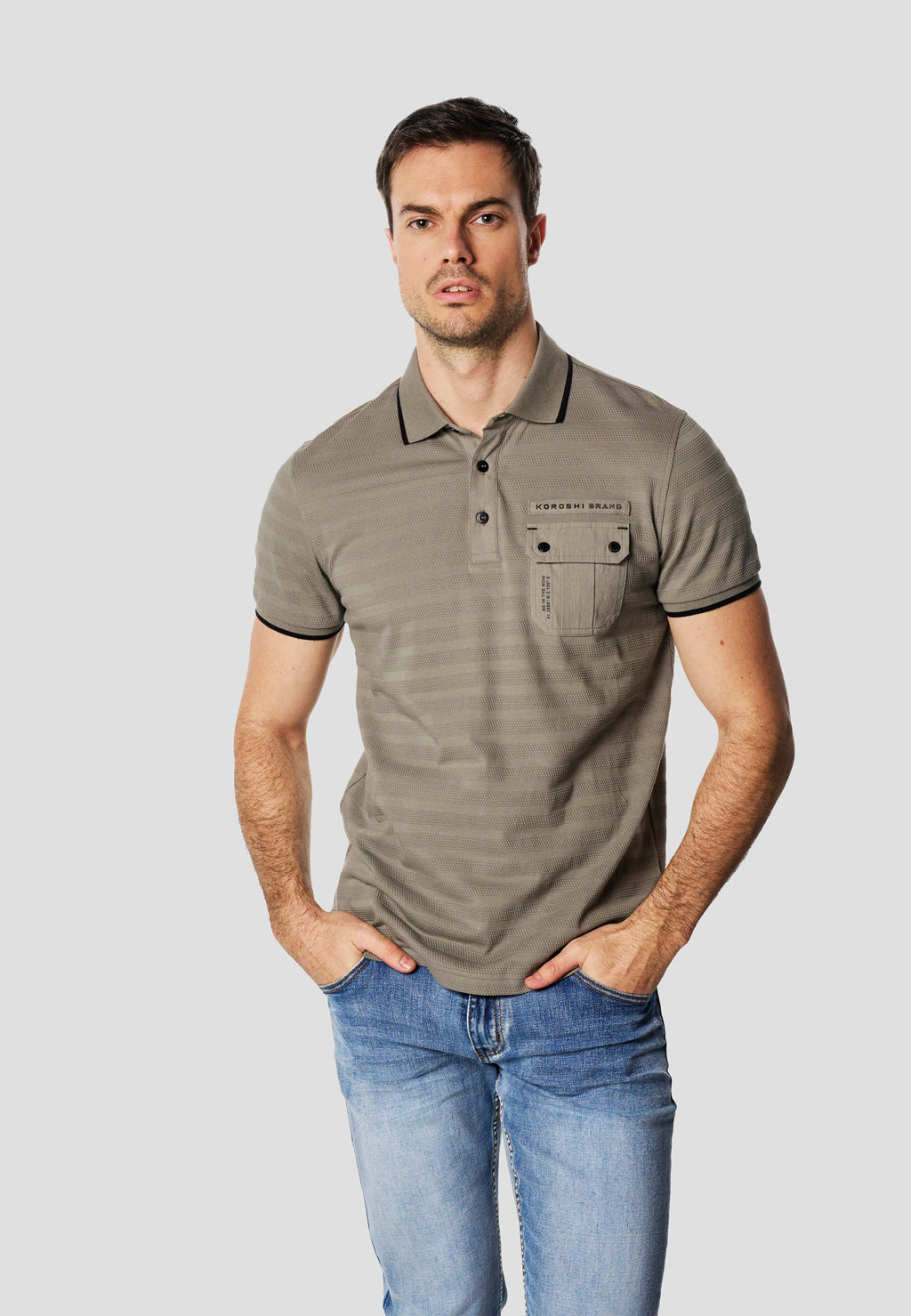 Polo Hombre Manga Corta Texturizado Bolsillo Solapa – Koroshi Kaki