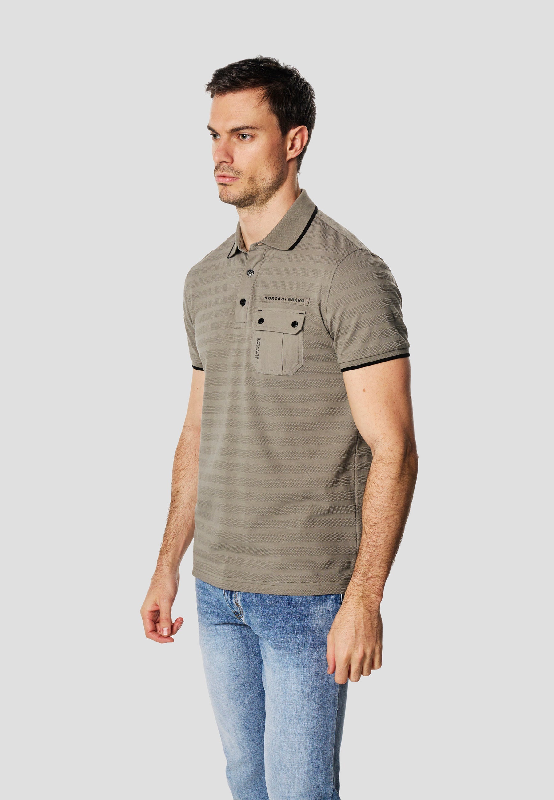Polo Hombre Manga Corta Texturizado Bolsillo Solapa – Koroshi Kaki