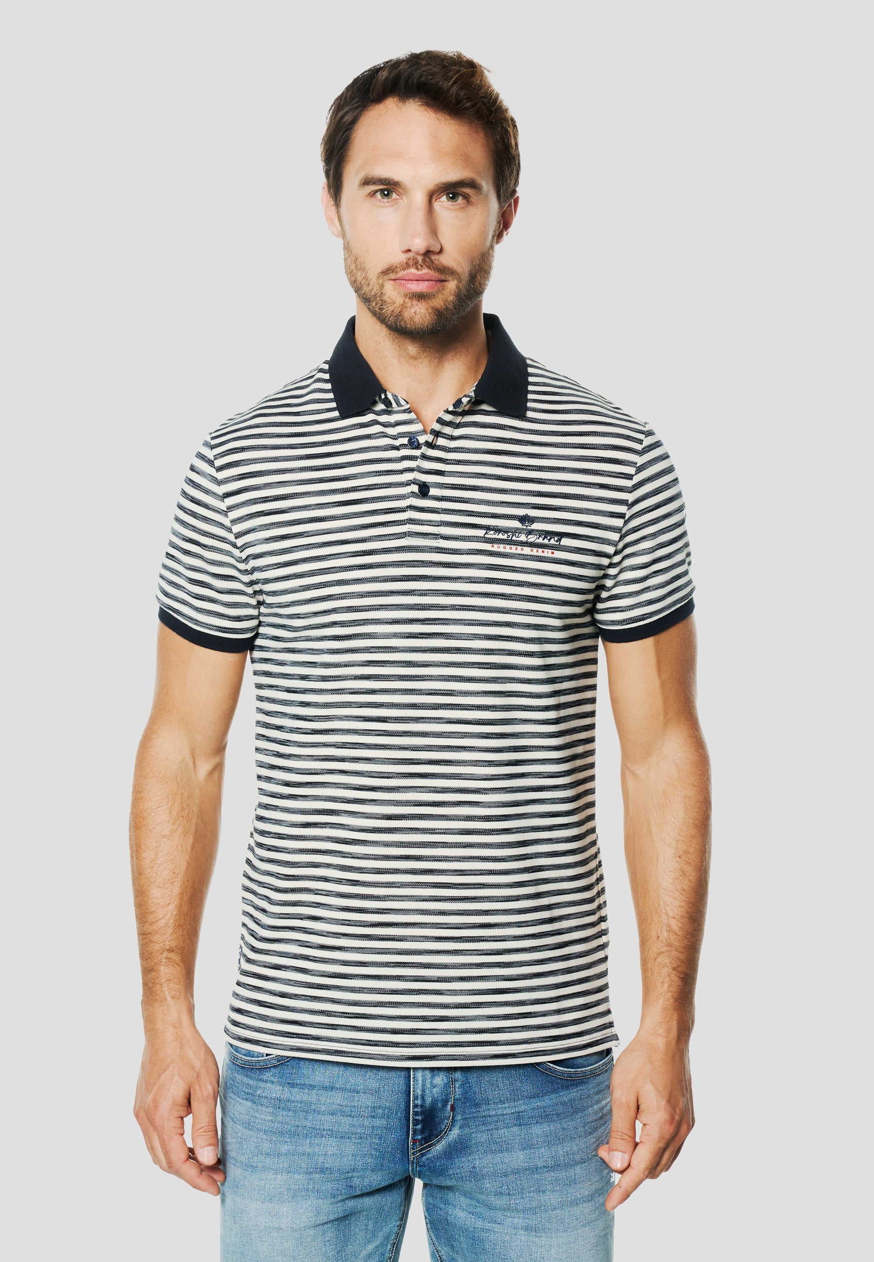 Polo Hombre Manga Corta Rayas Cuello Contraste Navy – Koroshi