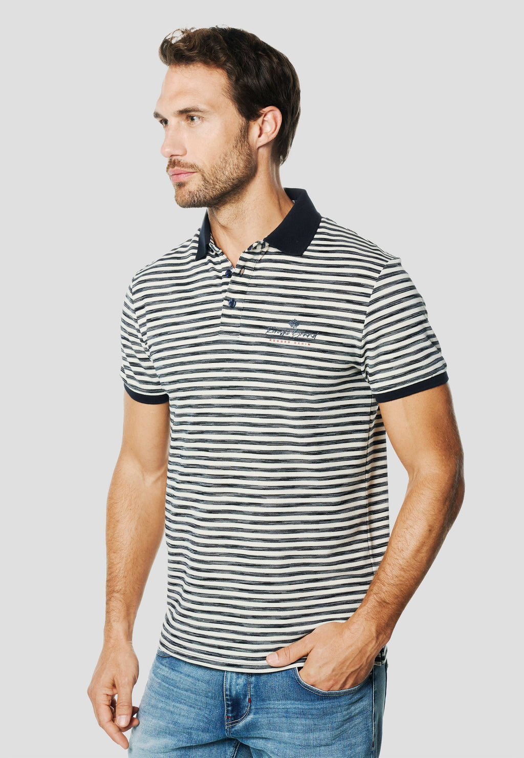Polo Hombre Manga Corta Rayas Cuello Contraste Navy – Koroshi