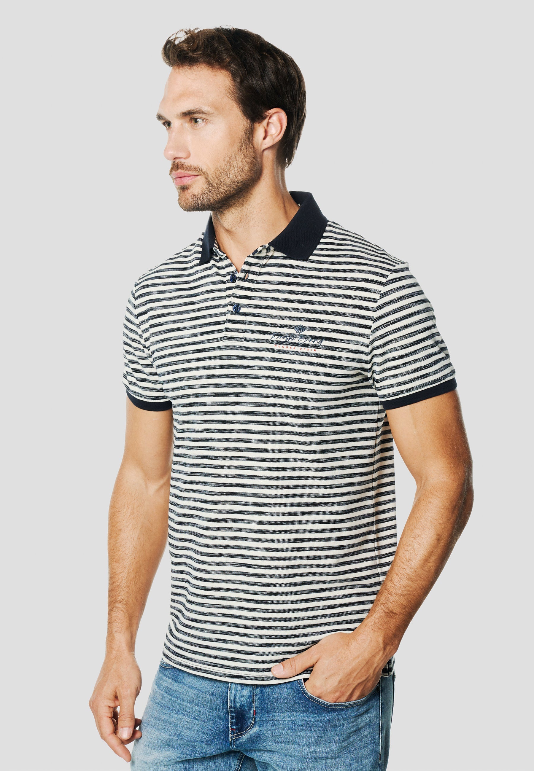 Polo Hombre Manga Corta Rayas Cuello Contraste Navy – Koroshi