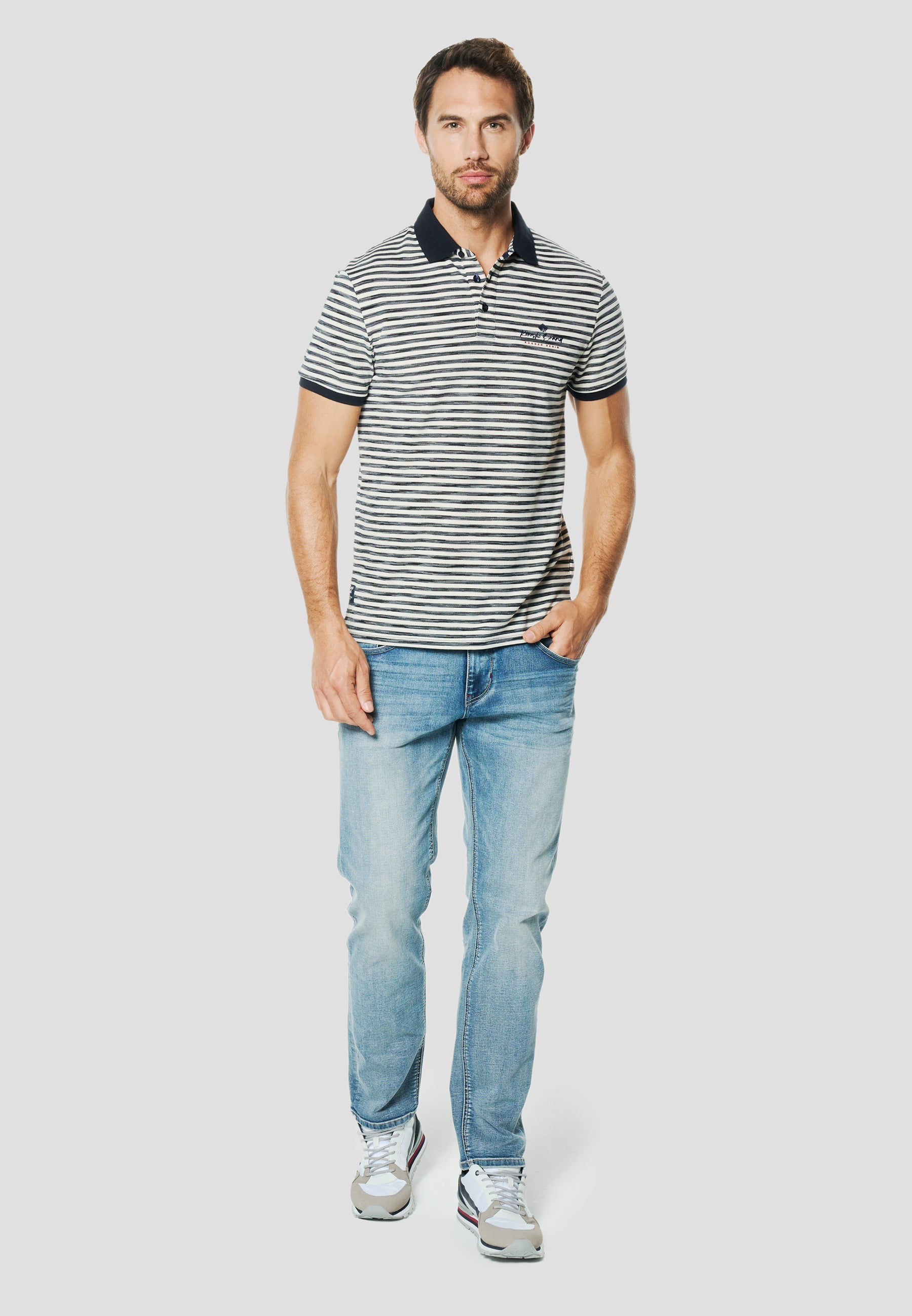 Polo Hombre Manga Corta Rayas Cuello Contraste Navy – Koroshi