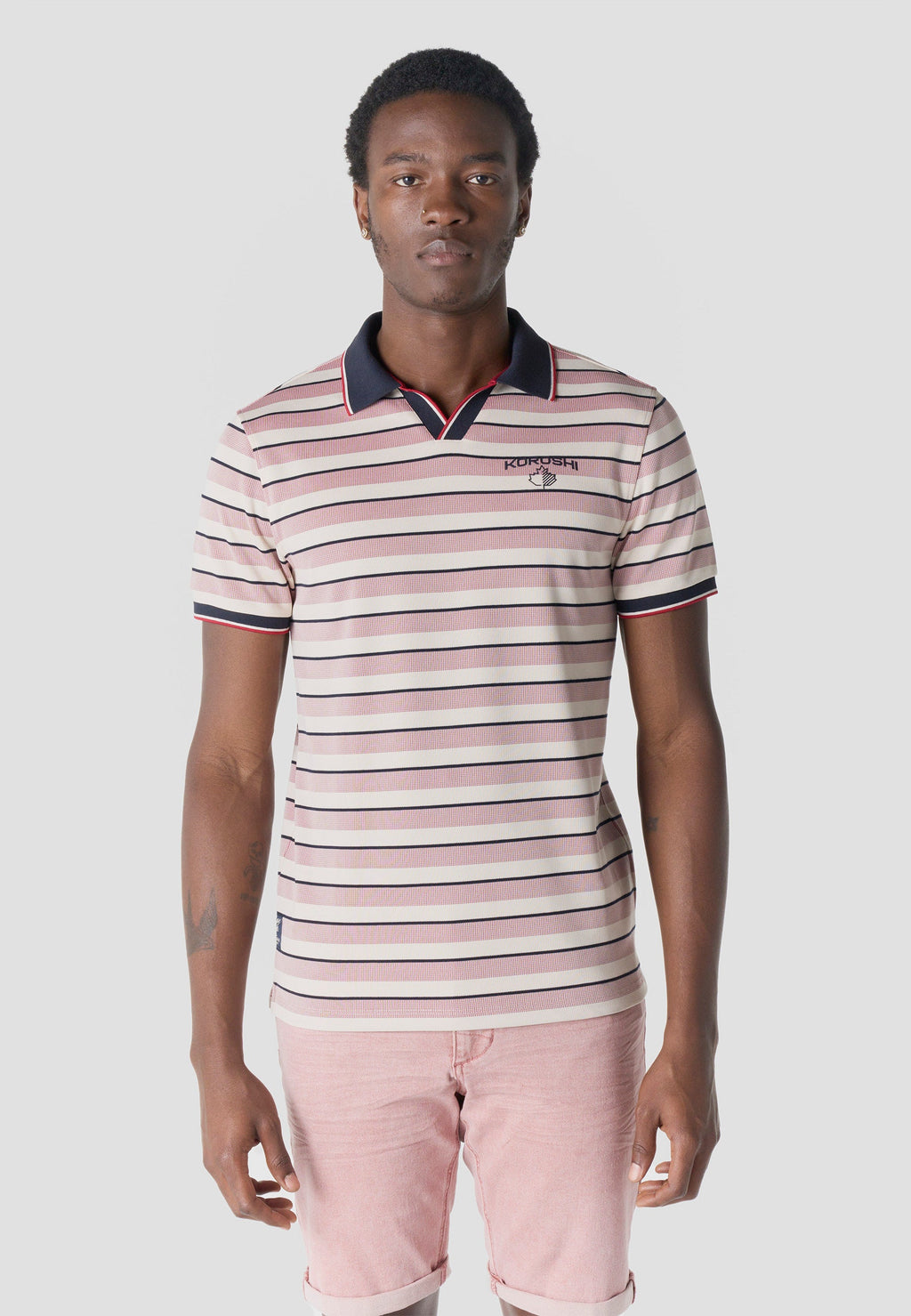 Polo Hombre Manga Corta Rayas Cuello Abierto Contraste Crudo – Koroshi