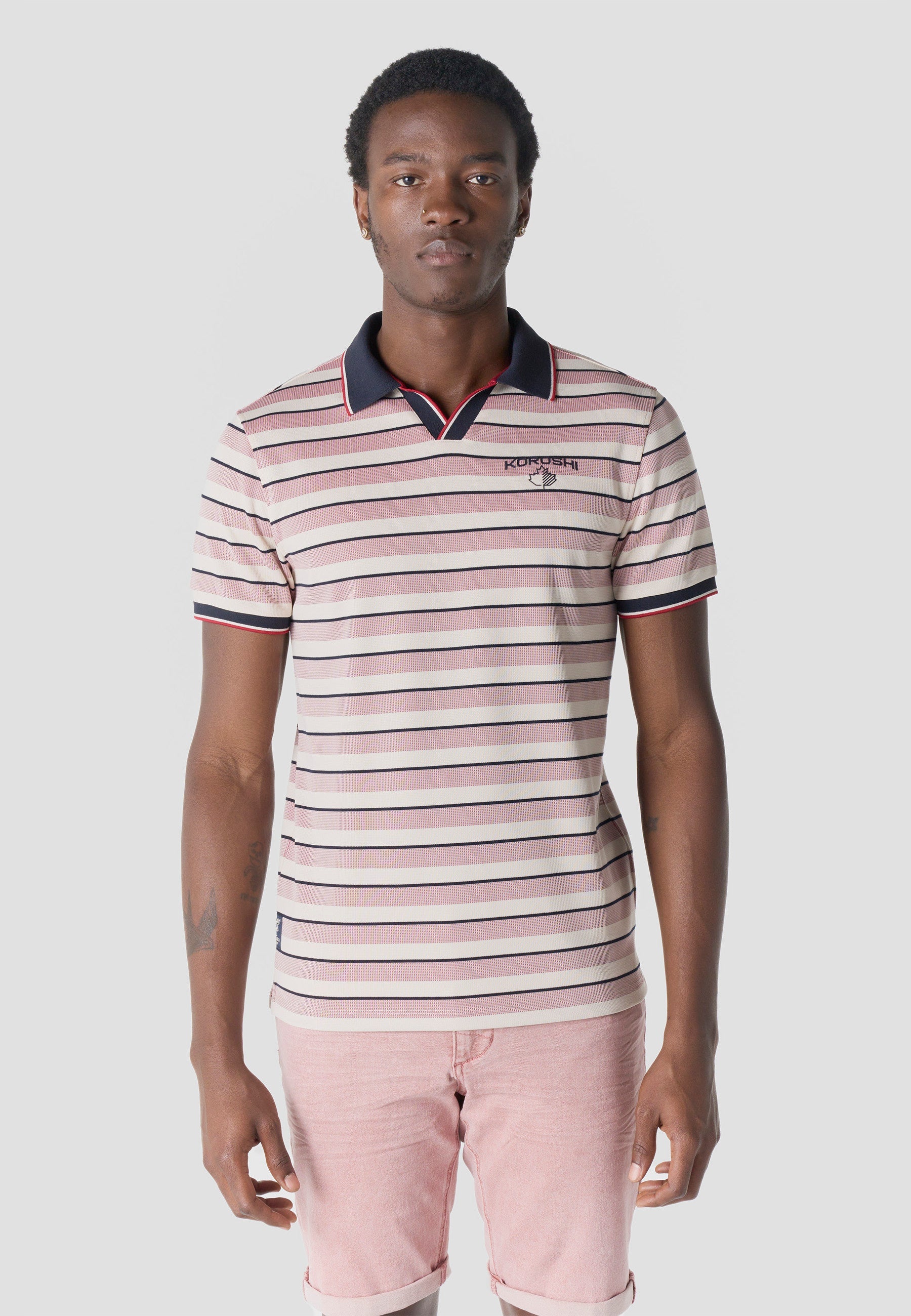 Polo Hombre Manga Corta Rayas Cuello Abierto Contraste Crudo – Koroshi