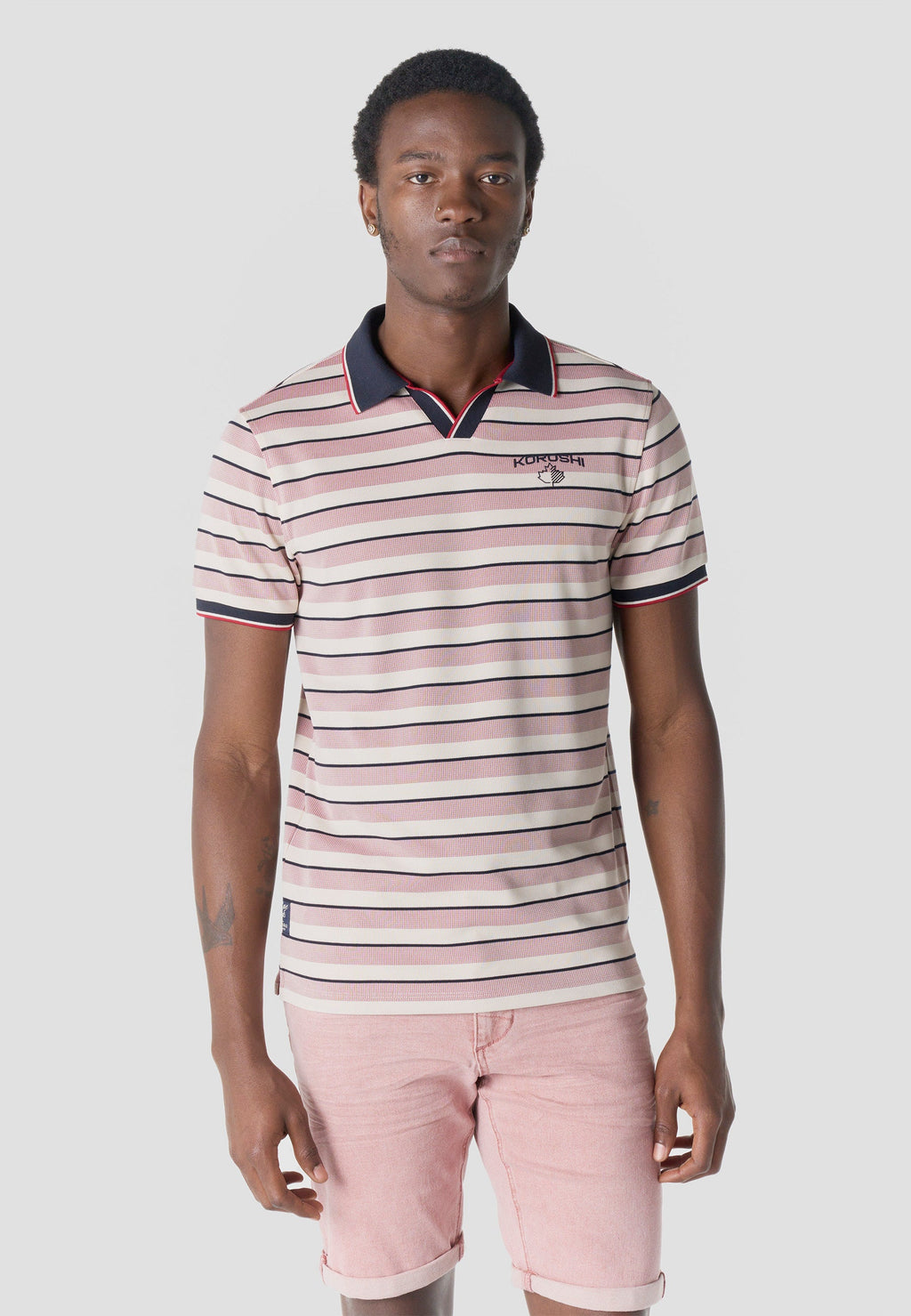 Polo Hombre Manga Corta Rayas Cuello Abierto Contraste Crudo – Koroshi