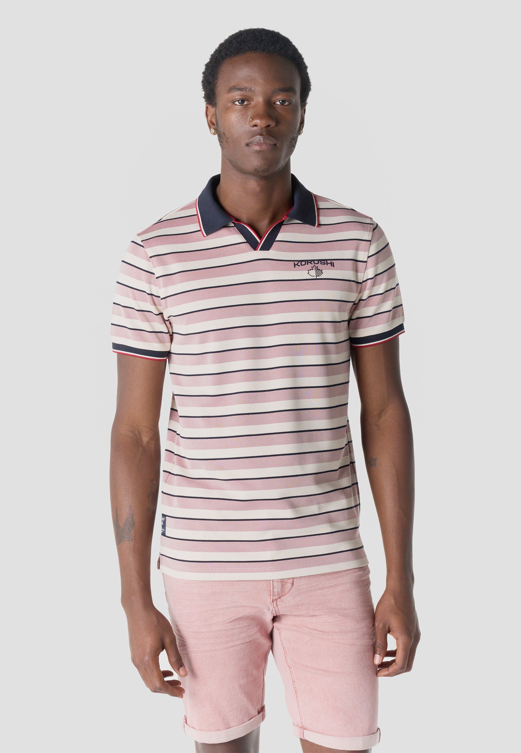 Polo Hombre Manga Corta Rayas Cuello Abierto Contraste Crudo – Koroshi