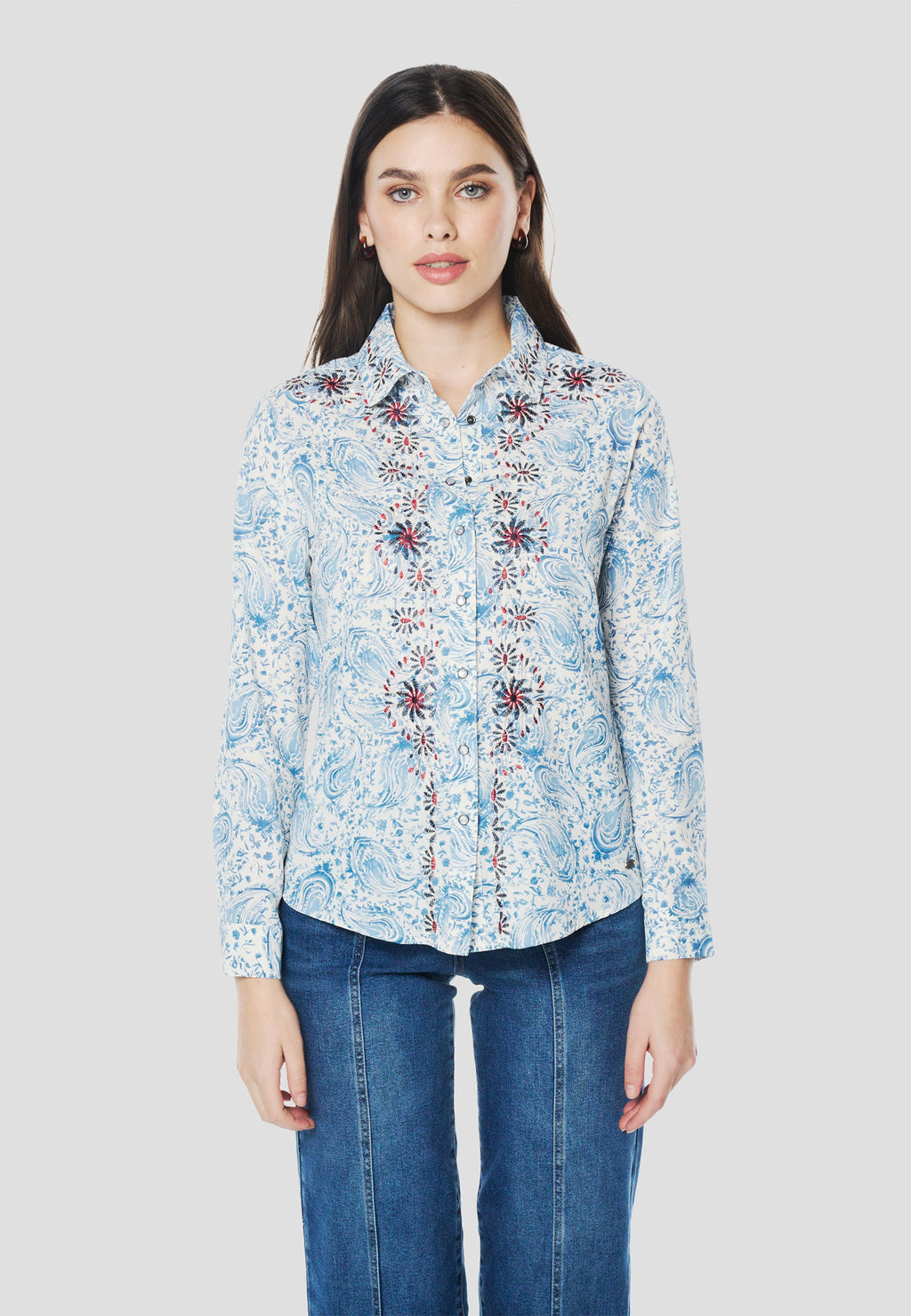 Camisa Mujer Manga Larga Cachemir y Bordado – Koroshi Azul