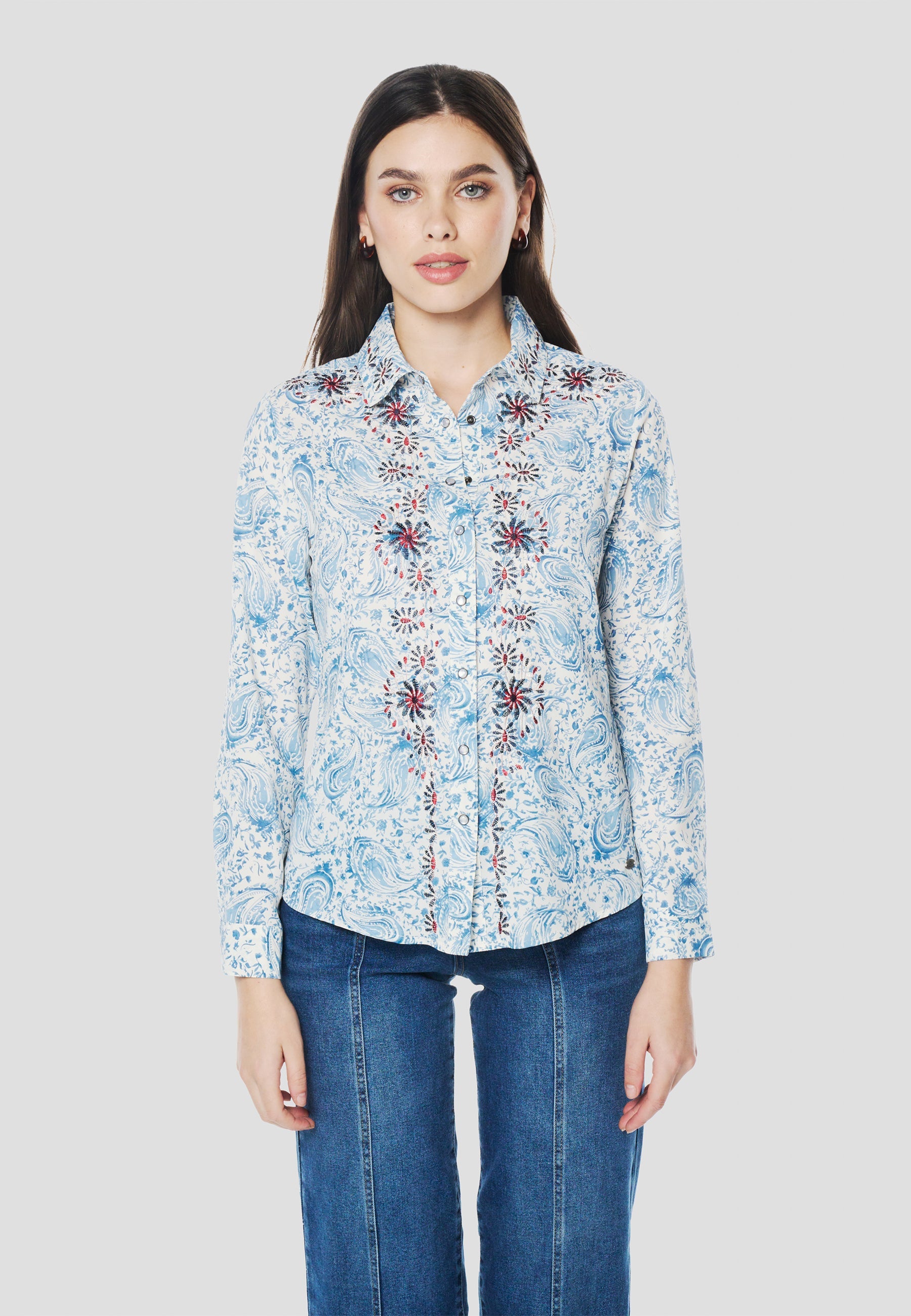 Camisa Mujer Manga Larga Cachemir y Bordado – Koroshi Azul