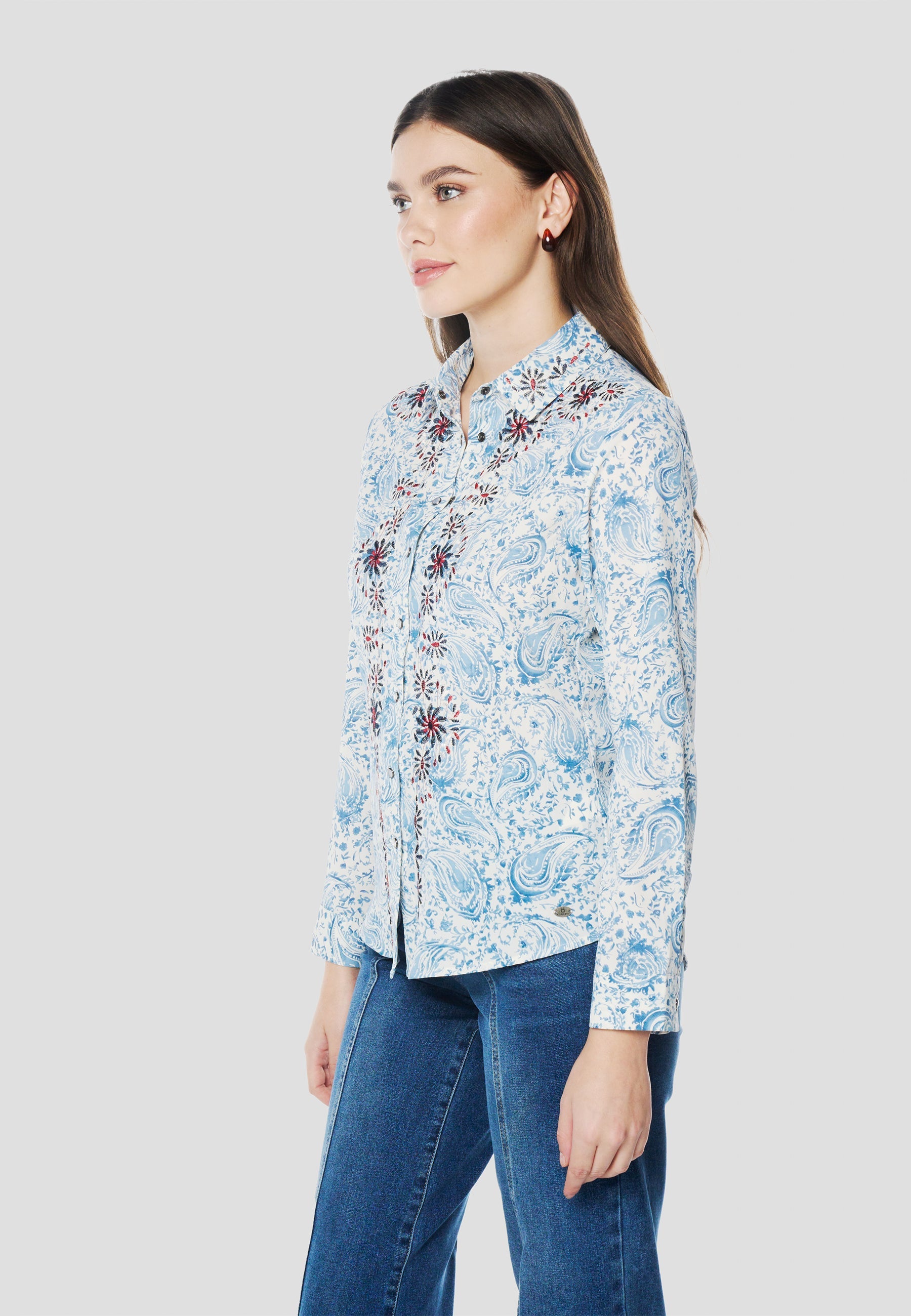 Camisa Mujer Manga Larga Cachemir y Bordado – Koroshi Azul