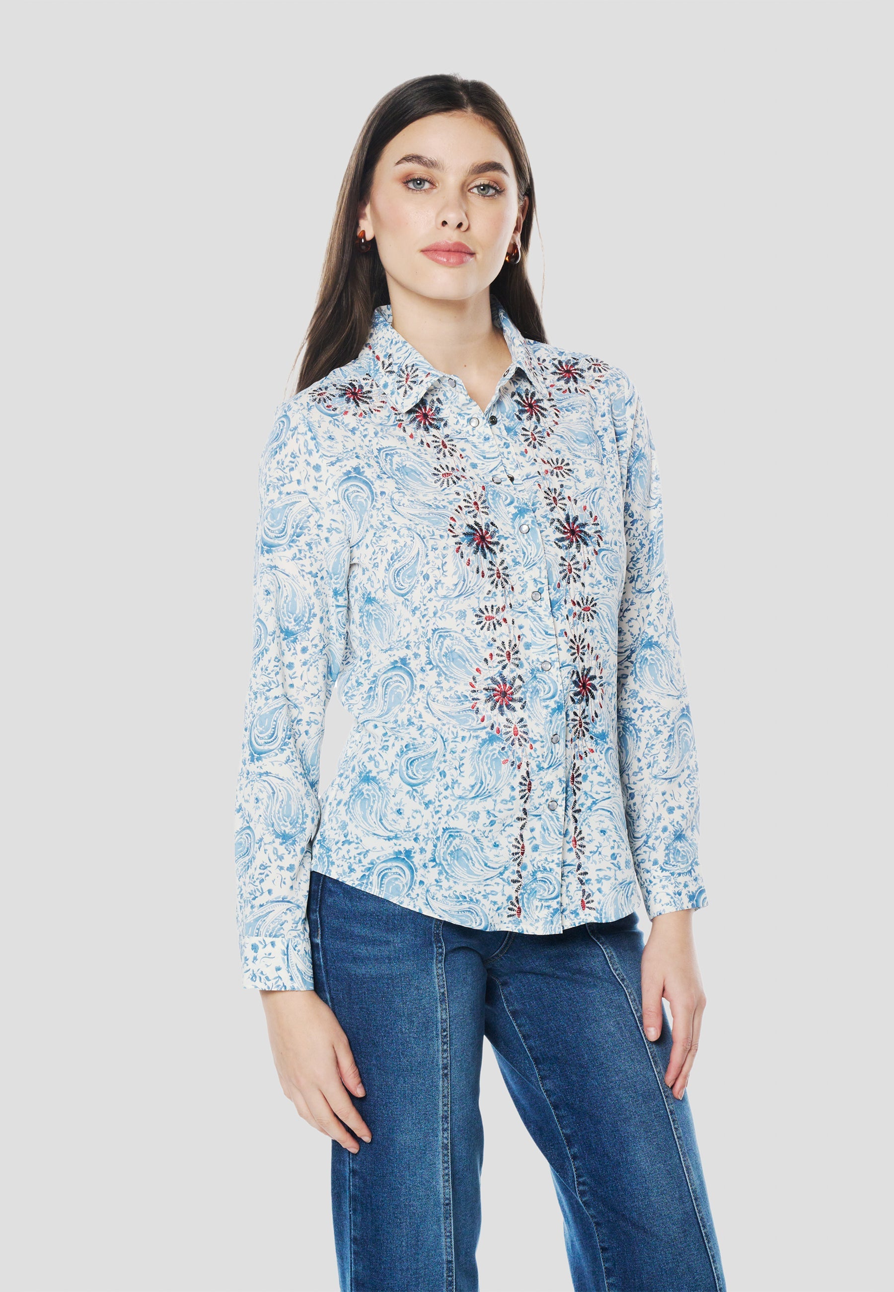 Camisa Mujer Manga Larga Cachemir y Bordado – Koroshi Azul