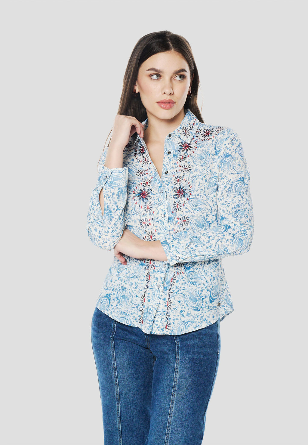 Camisa Mujer Manga Larga Cachemir y Bordado – Koroshi Azul