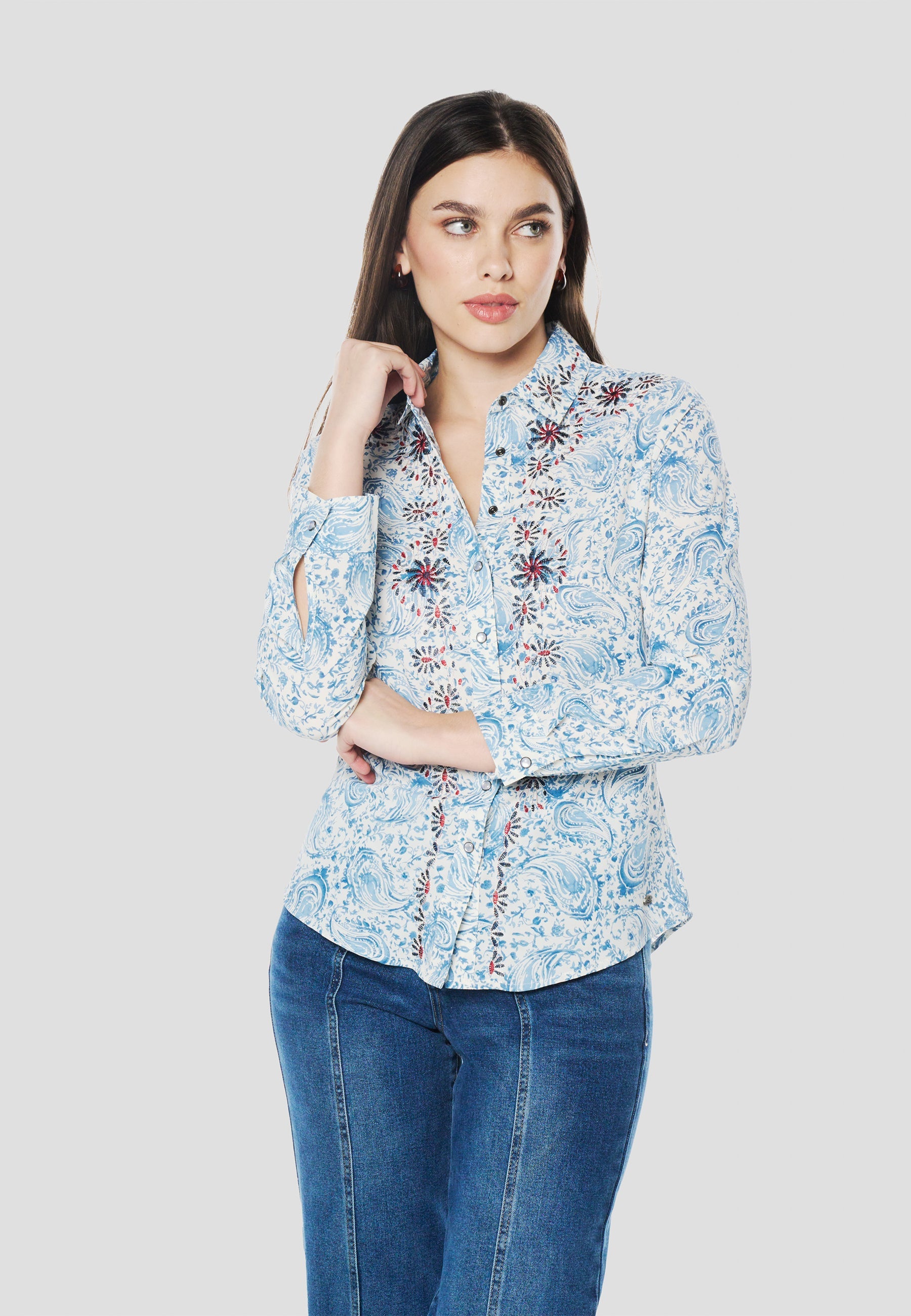 Camisa Mujer Manga Larga Cachemir y Bordado – Koroshi Azul