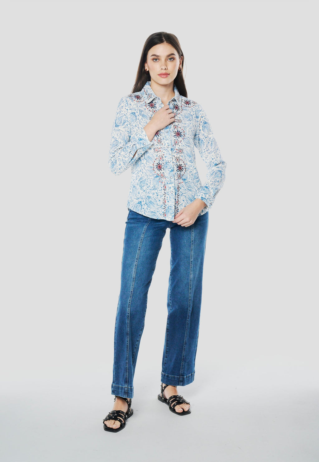 Camisa Mujer Manga Larga Cachemir y Bordado – Koroshi Azul