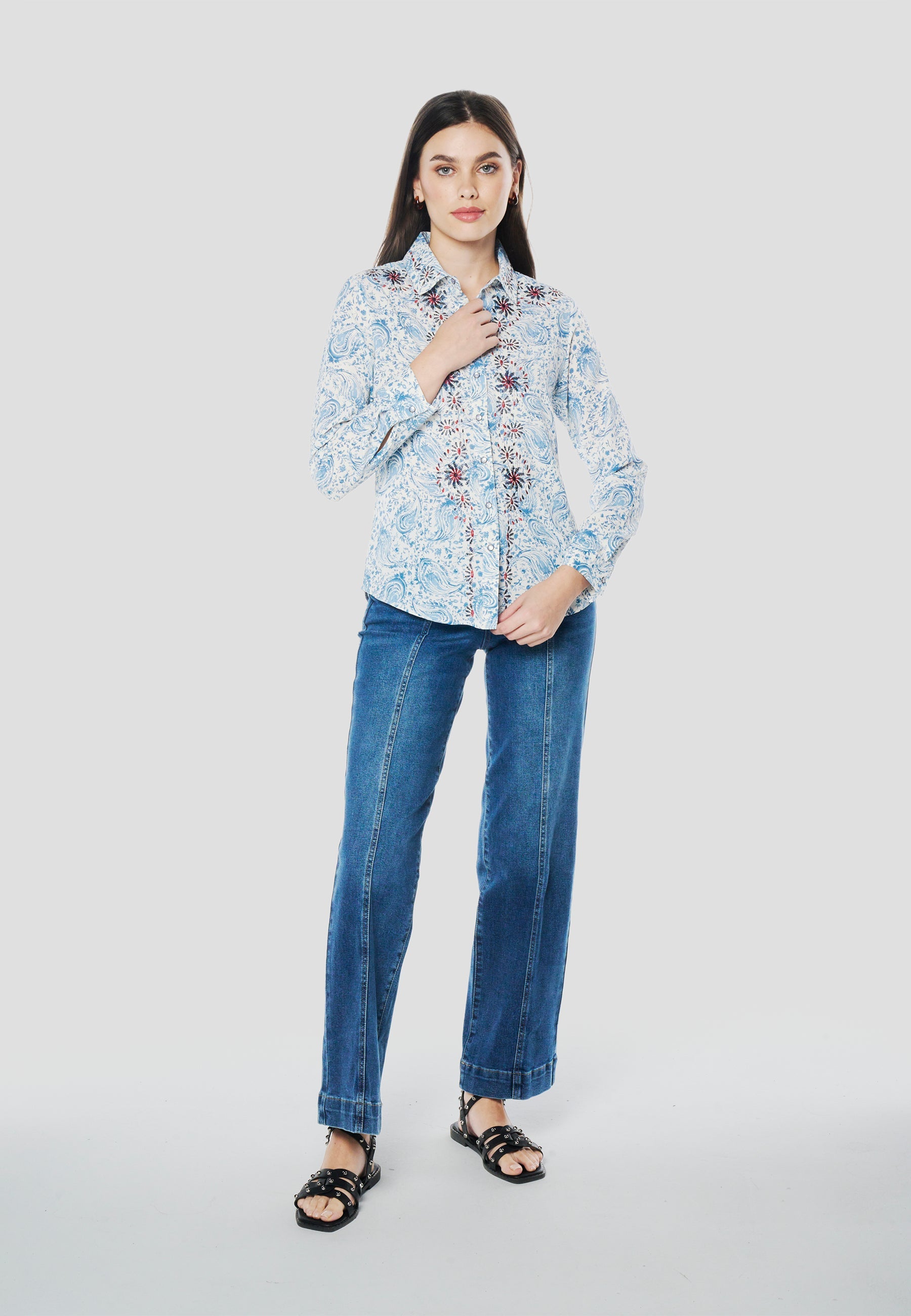 Camisa Mujer Manga Larga Cachemir y Bordado – Koroshi Azul