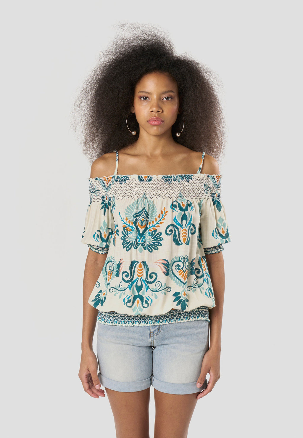 Blusa Mujer Hombro Descubierto Estampado Étnico – Koroshi Multicolor