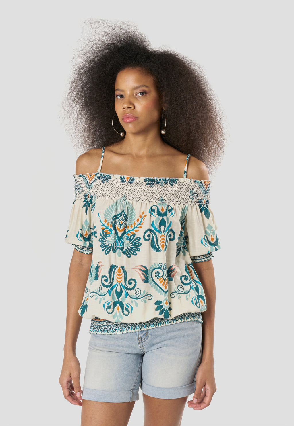 Blusa Mujer Hombro Descubierto Estampado Étnico – Koroshi Multicolor