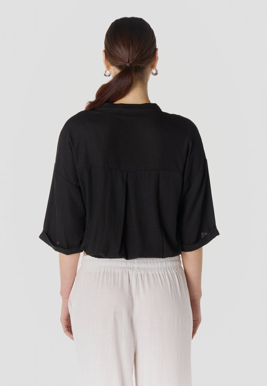 Camisa Mujer Lino Manga Corta con Nudo – Koroshi Negra