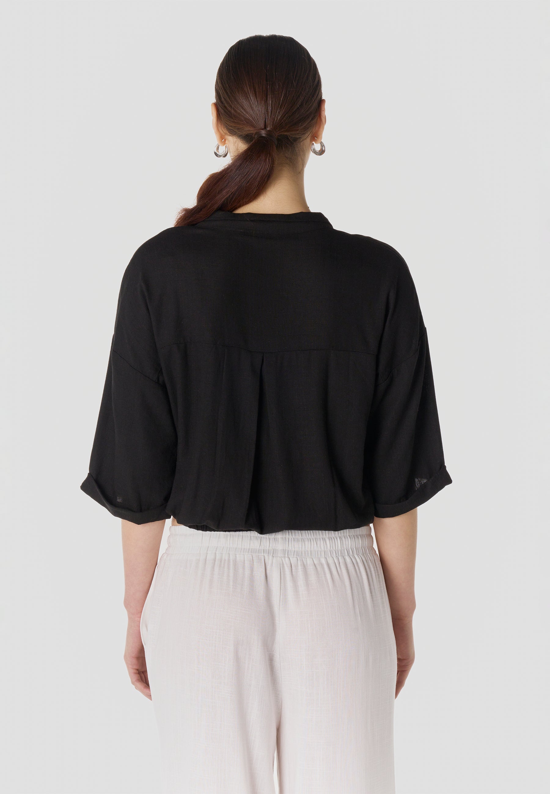 Camisa Mujer Lino Manga Corta con Nudo – Koroshi Negra