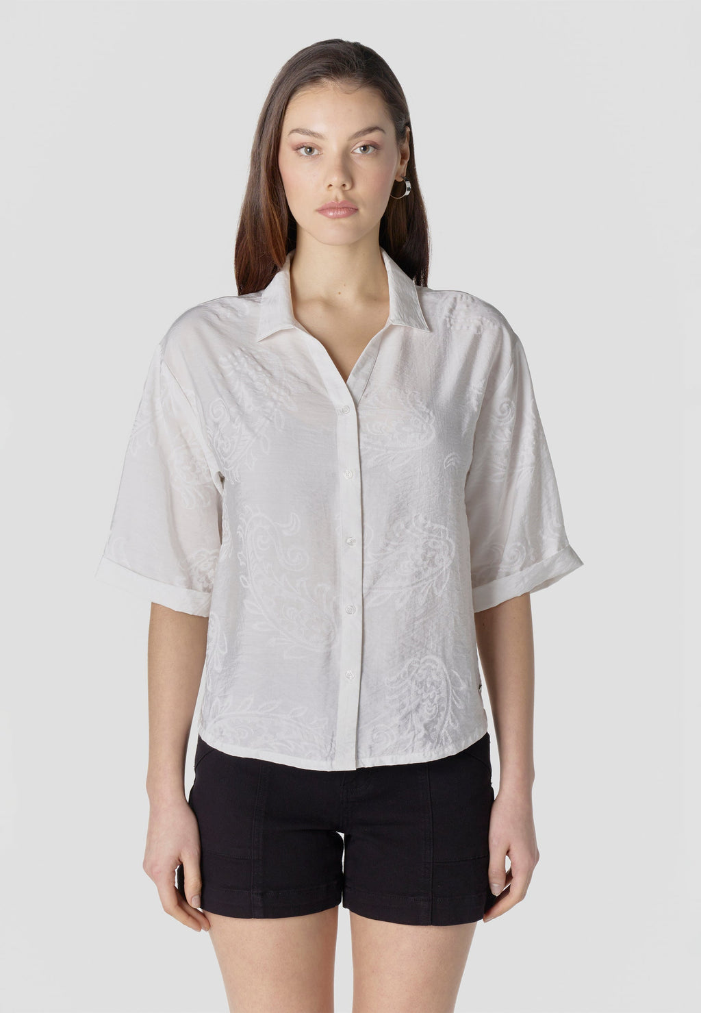 Camisa Mujer Manga Corta Cuello Camisero Jacquard Cachemir – Koroshi Blanco