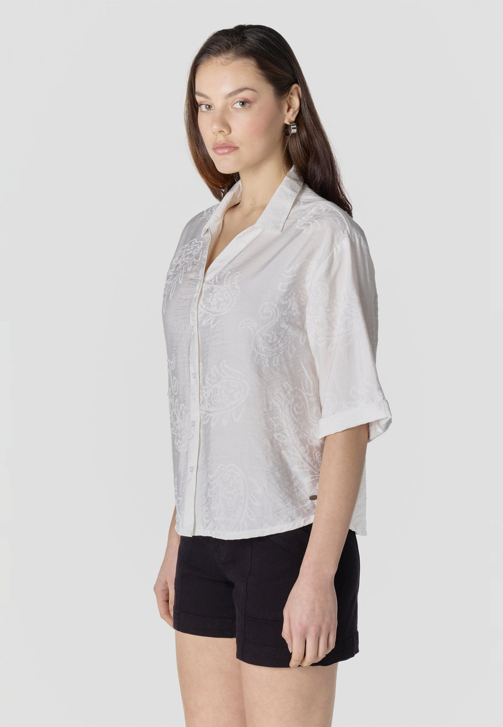Camisa Mujer Manga Corta Cuello Camisero Jacquard Cachemir – Koroshi Blanco