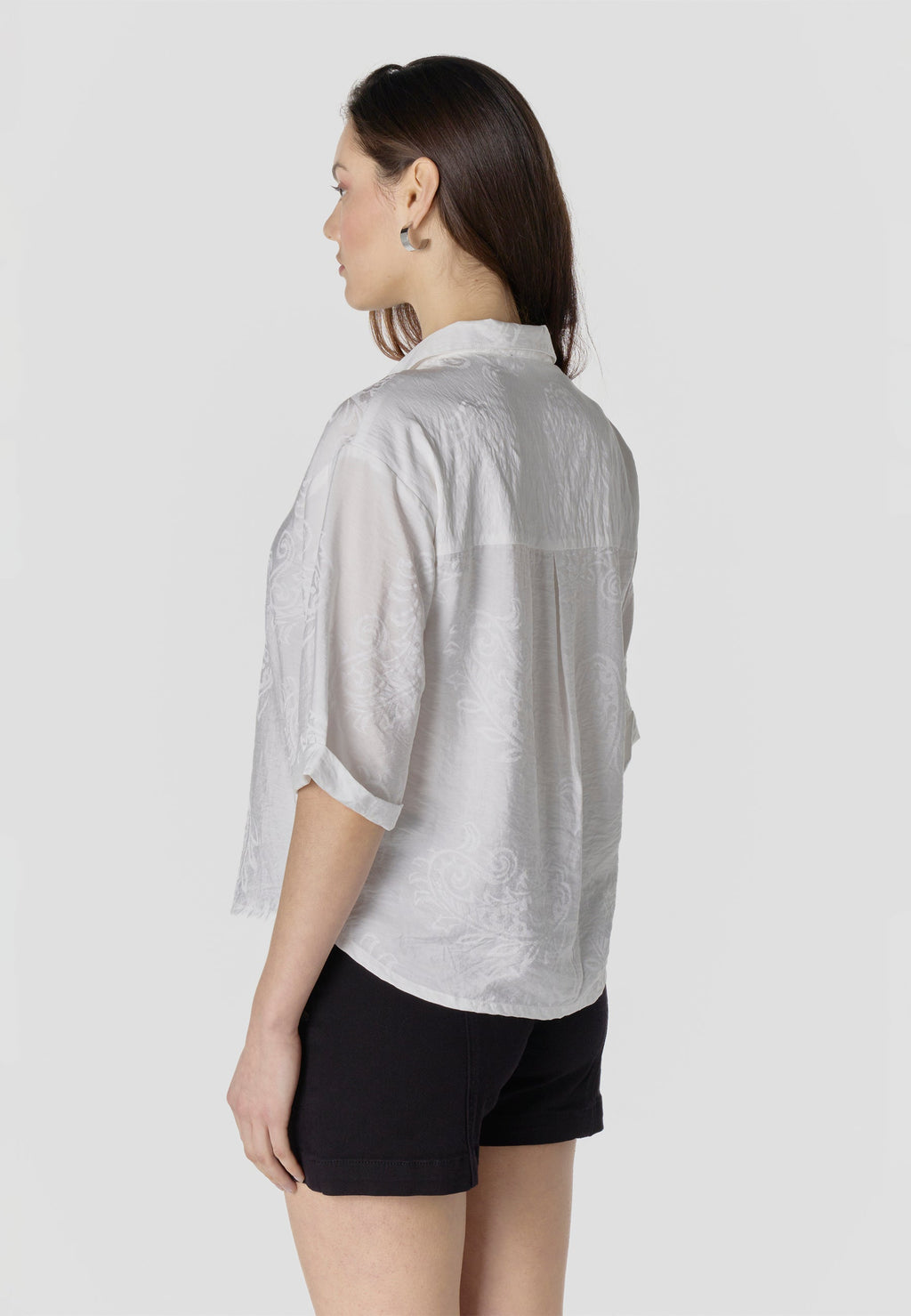 Camisa Mujer Manga Corta Cuello Camisero Jacquard Cachemir – Koroshi Blanco