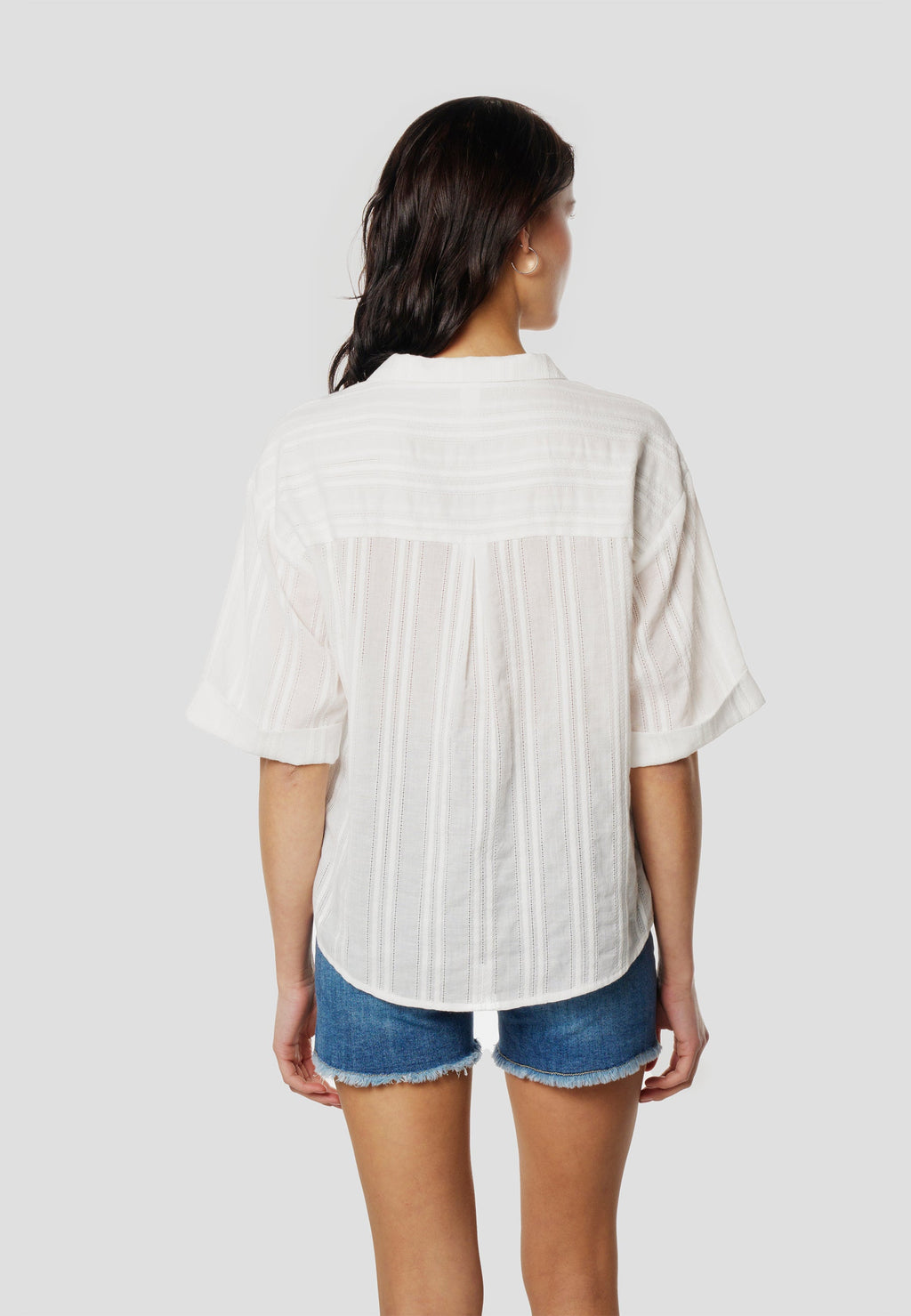 Camisa Mujer Manga Corta Bordado Floral y Rayas Caladas – Koroshi Blanco