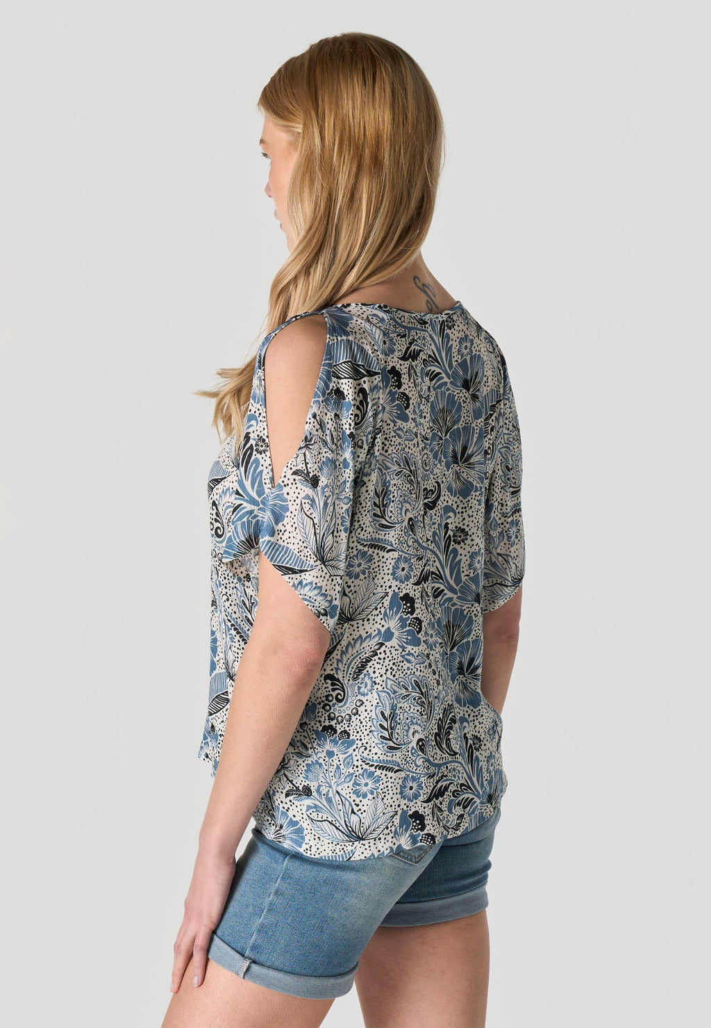 Blusa Mujer Manga Corta Escote Redondo Estampado Floral – Koroshi Azul