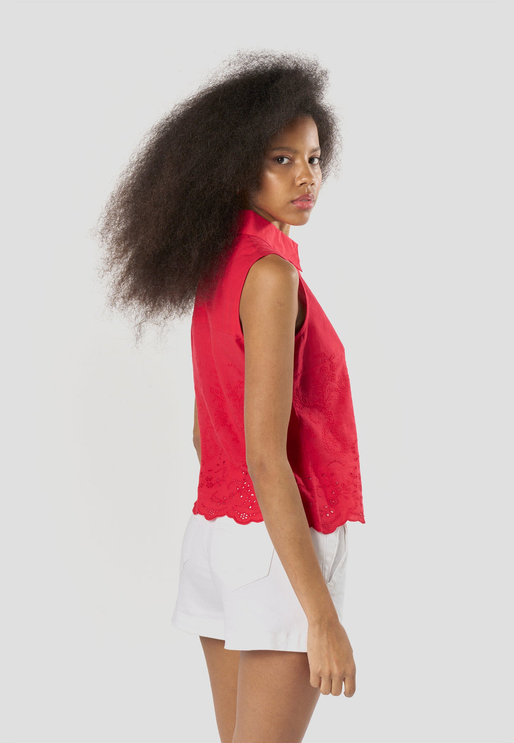 Camisa Mujer Sin Mangas Bordado Inglés Cuello Camisero – Koroshi 2612BL23